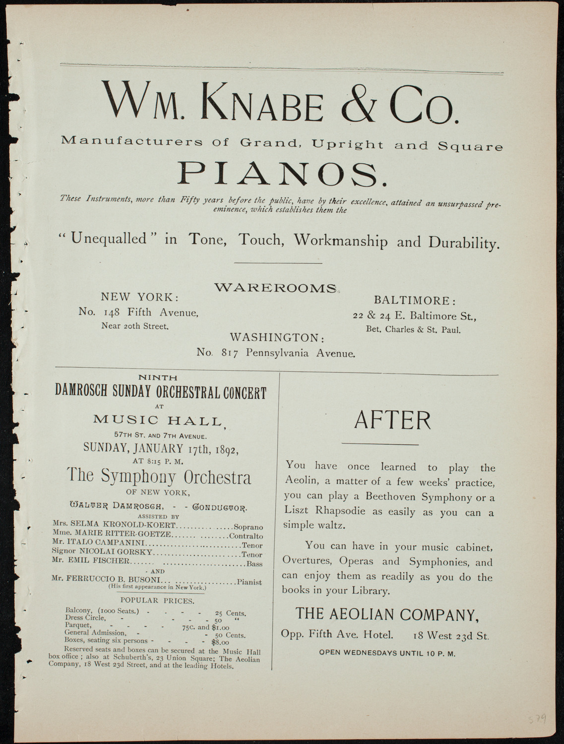 Cappa's Seventh Regiment Band, January 14, 1892, program page 3