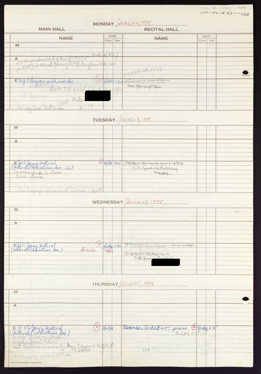 Carnegie Hall Booking Ledger, volume 43, page 88