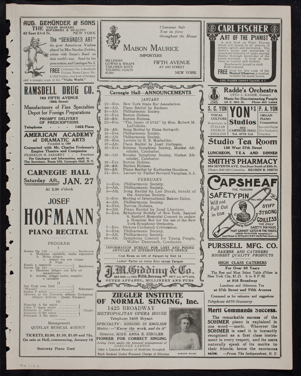 New York Philharmonic, January 19, 1912, program page 3