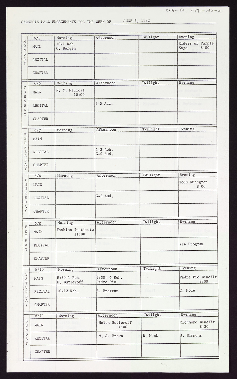 Carnegie Hall Booking Ledger, volume 17, page 82a