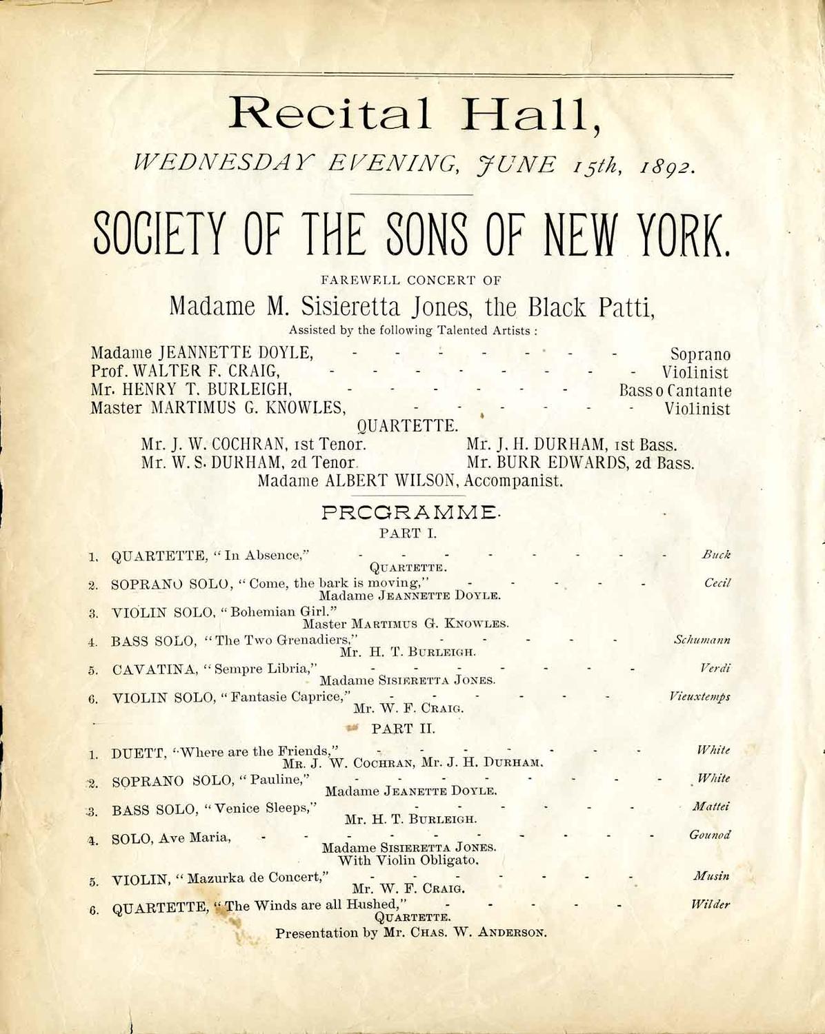 Society of the Sons of New York: Farewell Concert of Sisieretta Jones, the Black Patti, June 15, 1892, program page 1