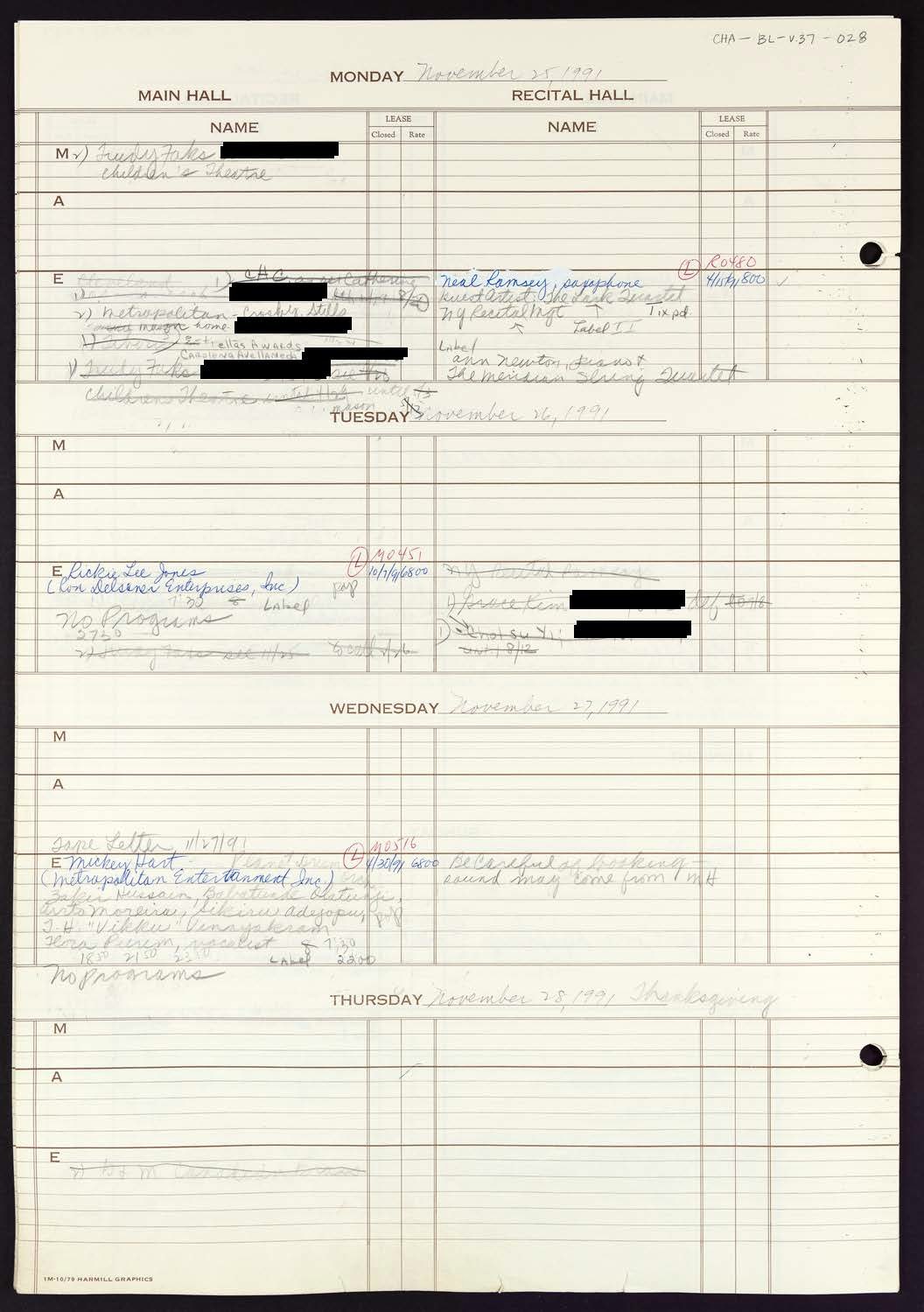 Carnegie Hall Booking Ledger, volume 37, page 28