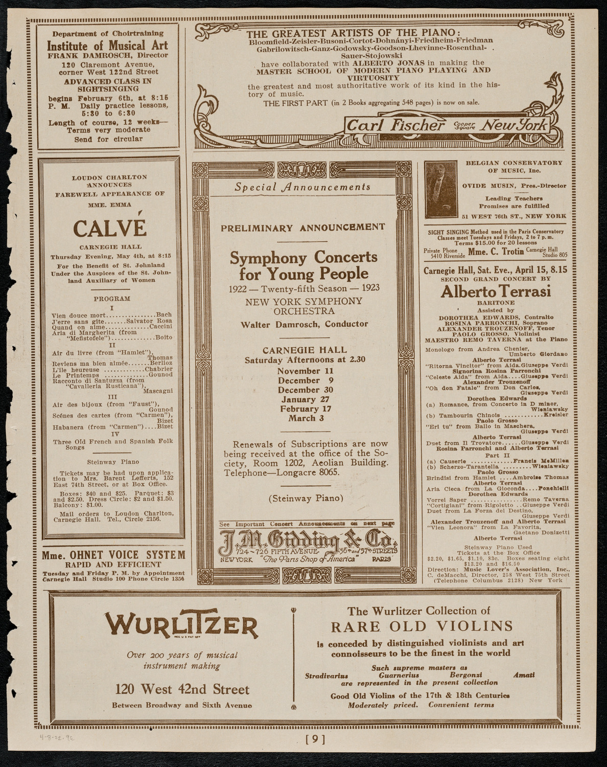 New York Philharmonic, April 8, 1922, program page 9