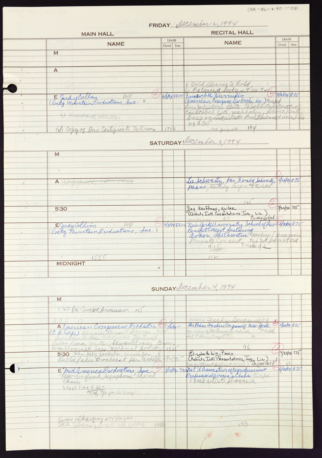 Carnegie Hall Booking Ledger, volume 40, page 31