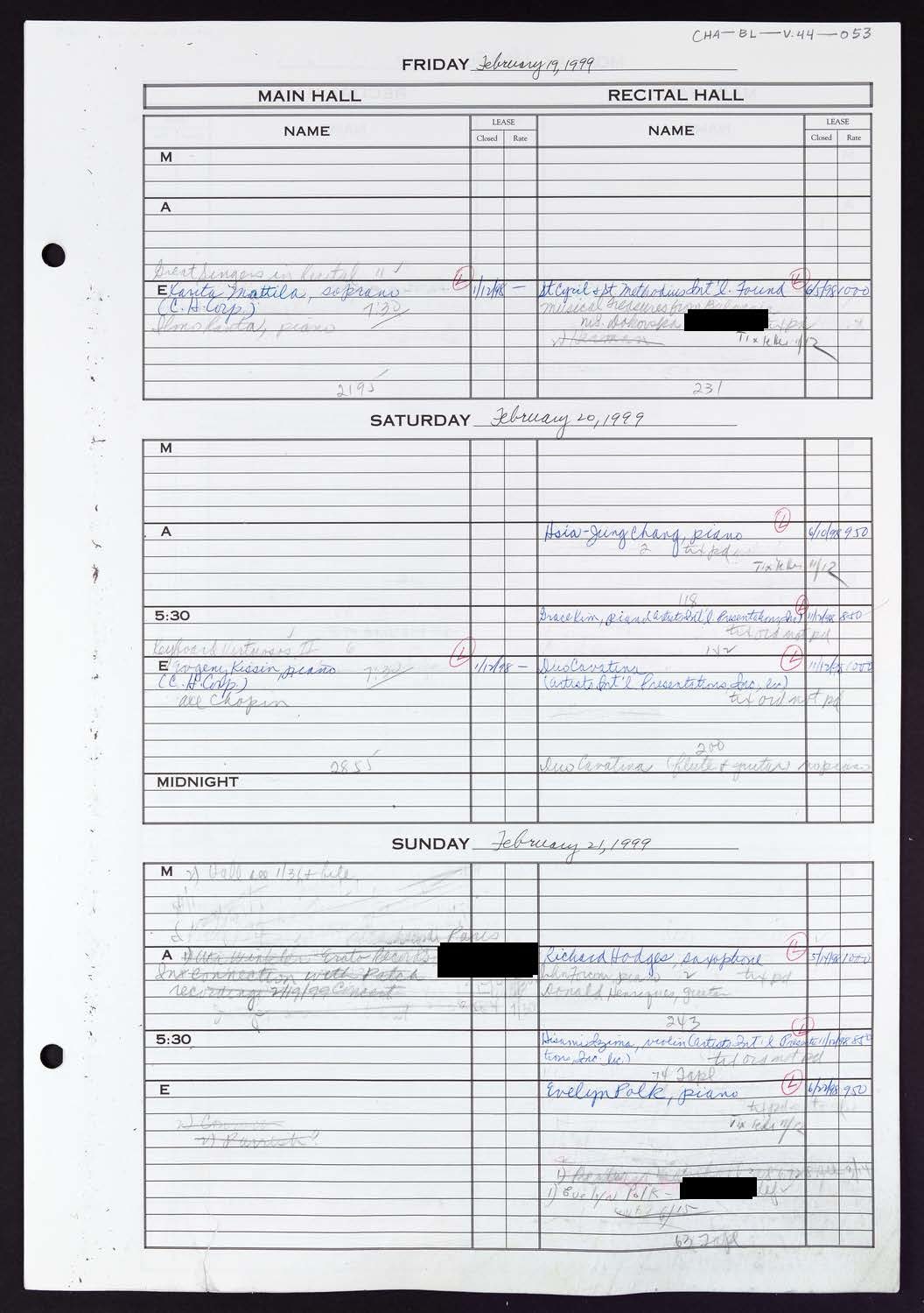 Carnegie Hall Booking Ledger, volume 44, page 53