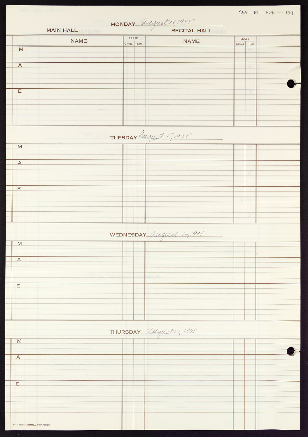 Carnegie Hall Booking Ledger, volume 40, page 104