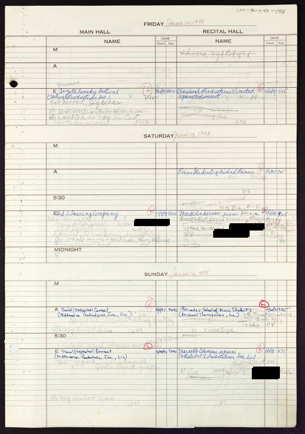 Carnegie Hall Booking Ledger, volume 43, page 85