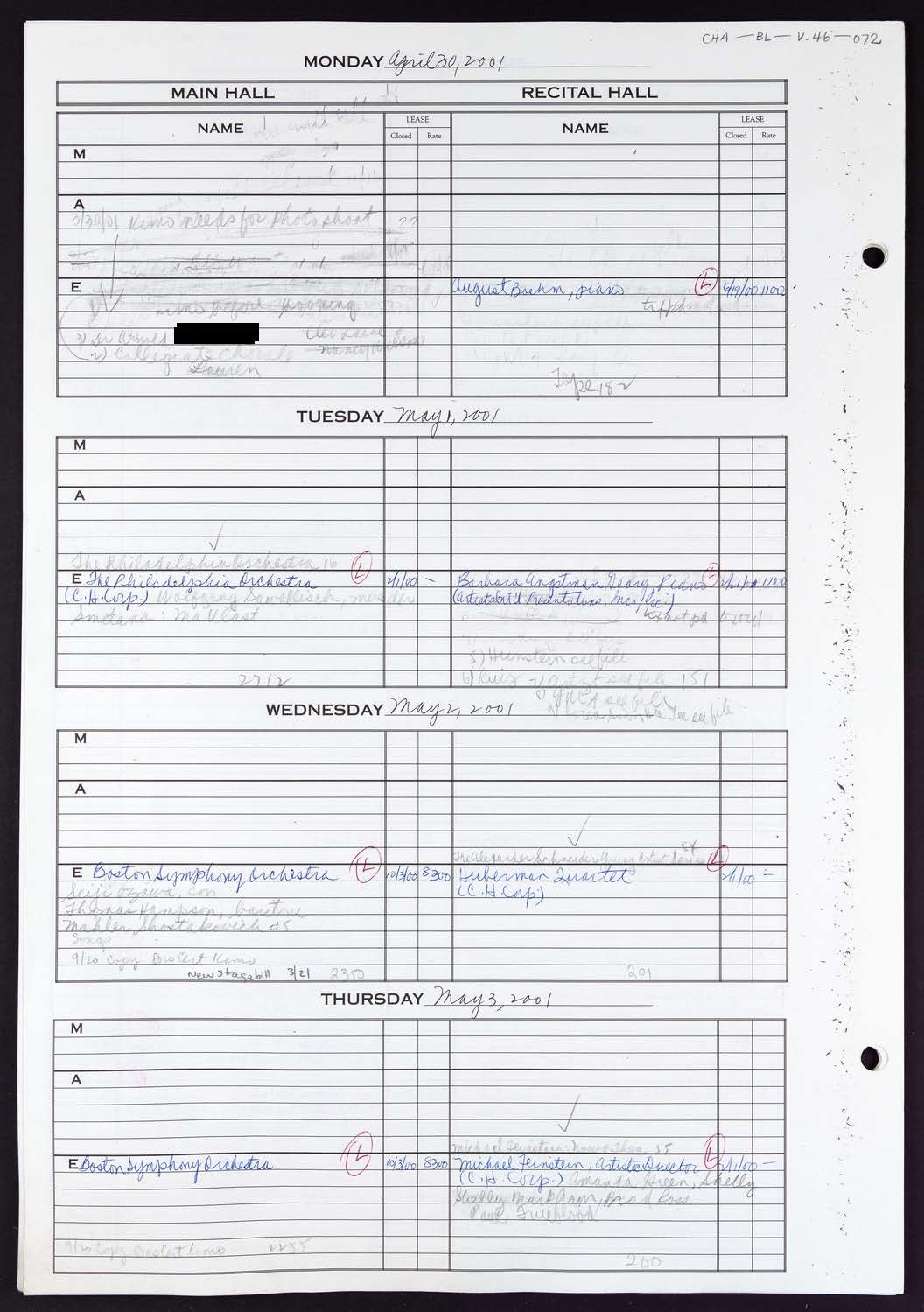 Carnegie Hall Booking Ledger, volume 46, page 72