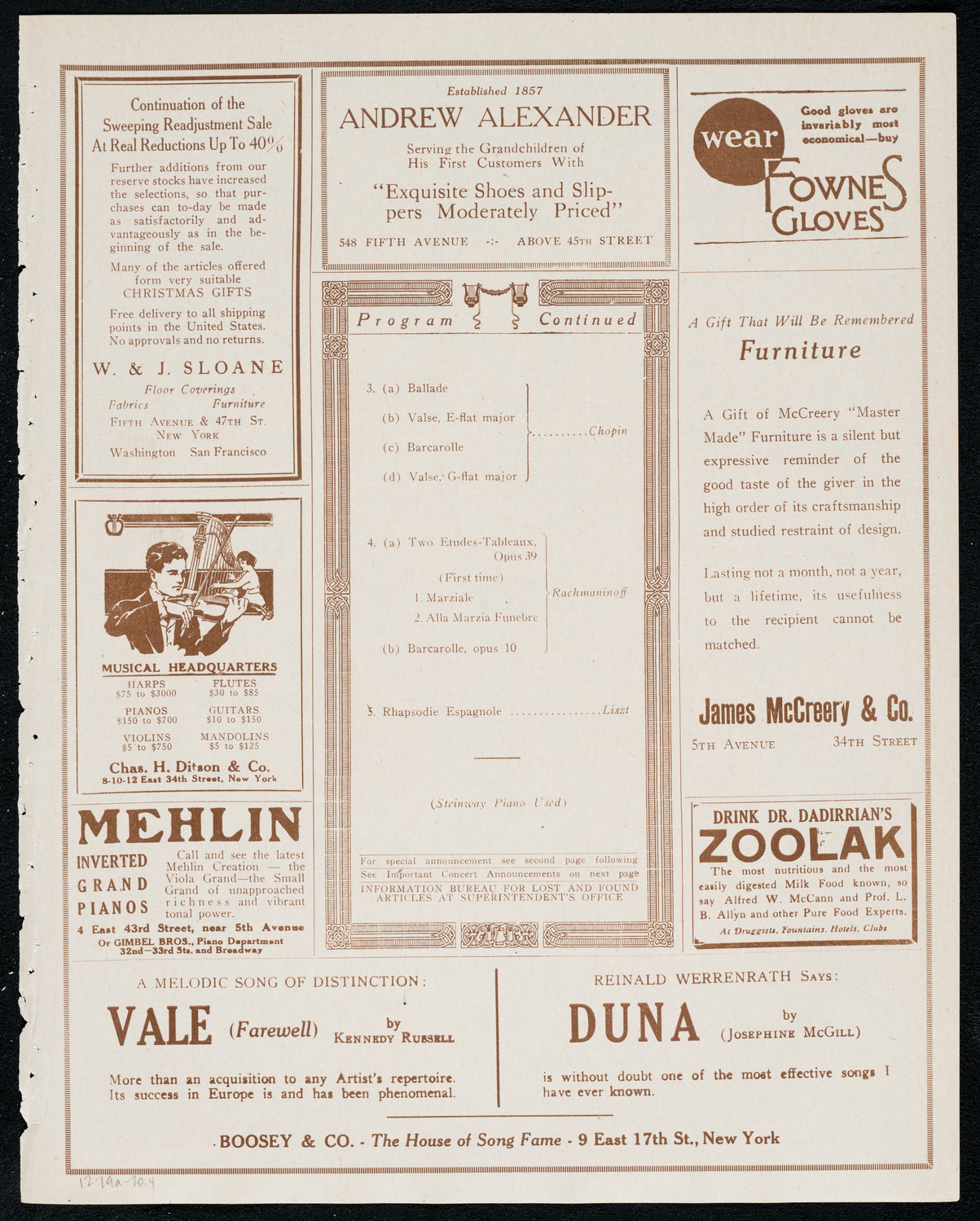 Sergei Rachmaninoff, Piano, December 19, 1920, program page 7