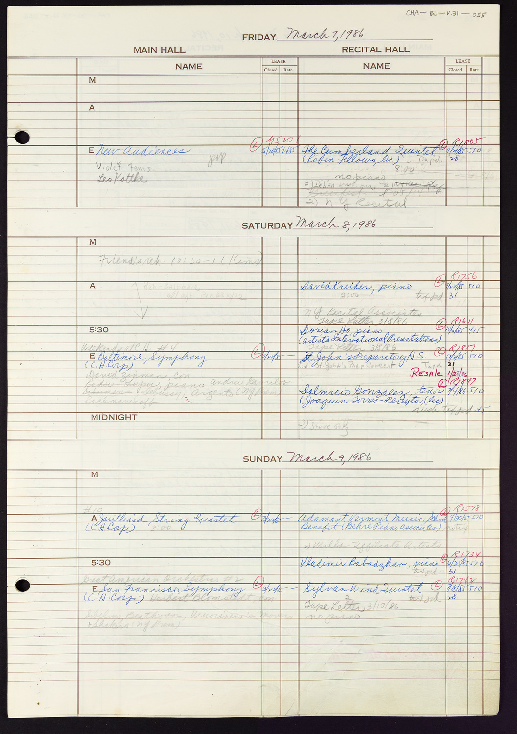 Carnegie Hall Booking Ledger, volume 31, page 55