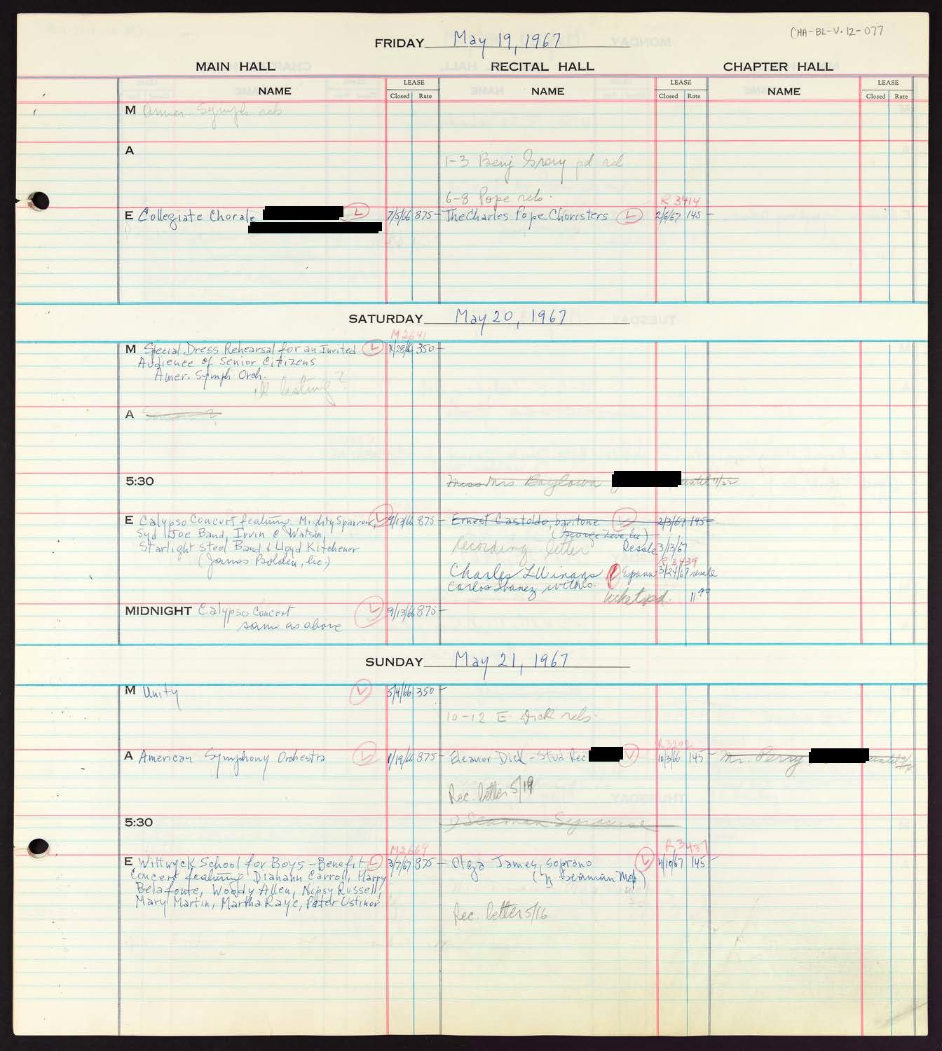 Carnegie Hall Booking Ledger, volume 12, page 77