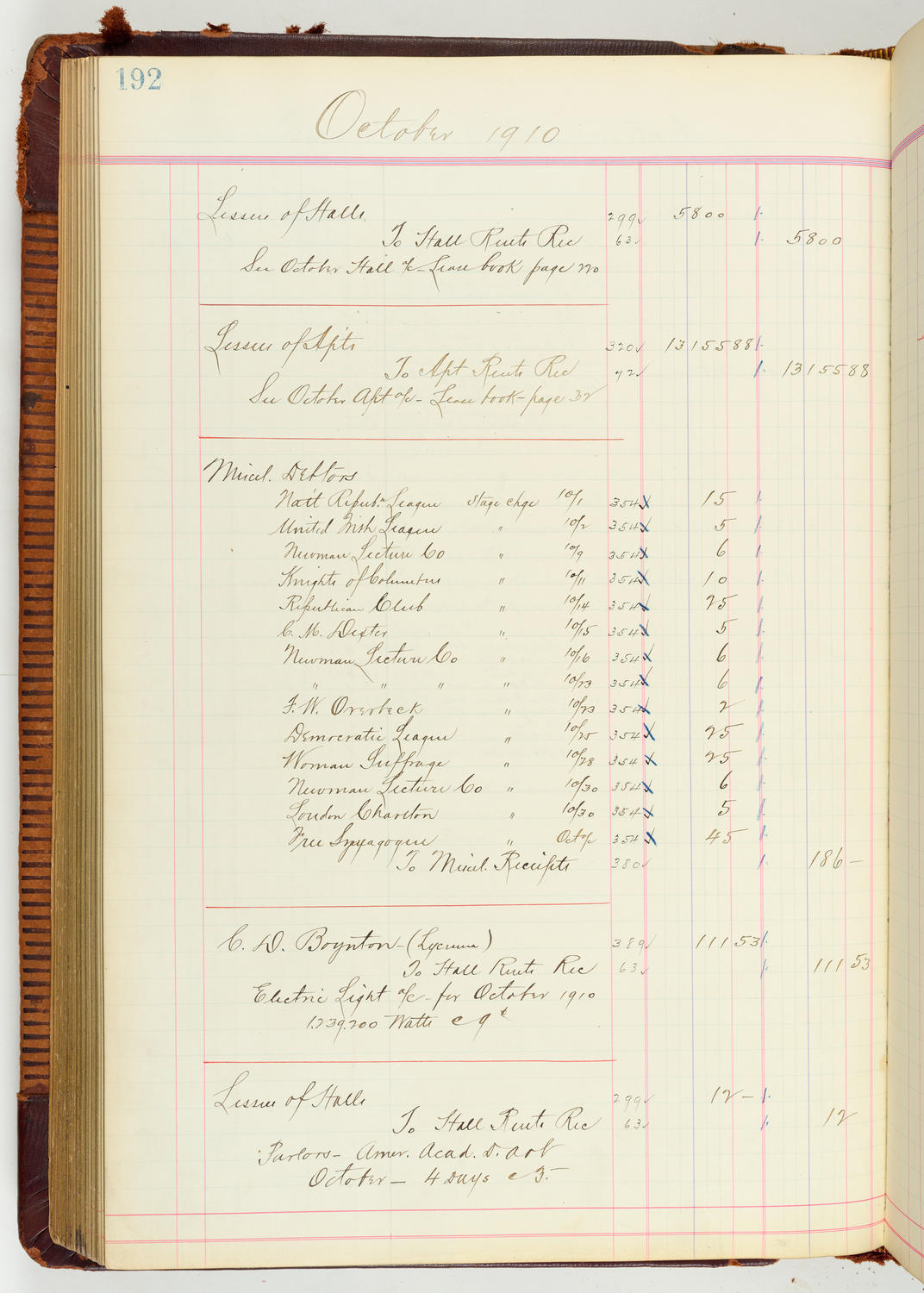 Music Hall Accounting Ledger Journal, volume 7, page 192