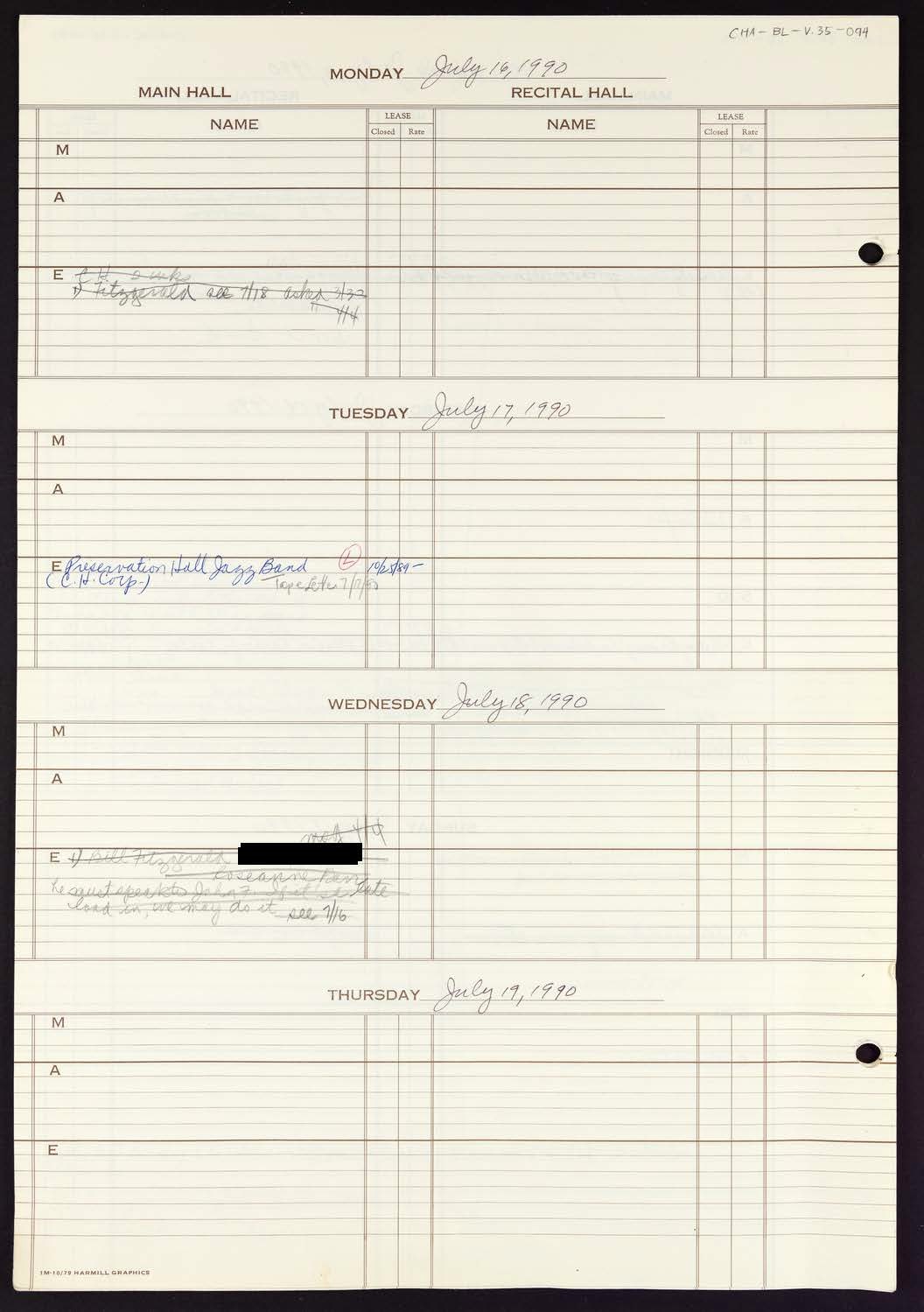 Carnegie Hall Booking Ledger, volume 35, page 94