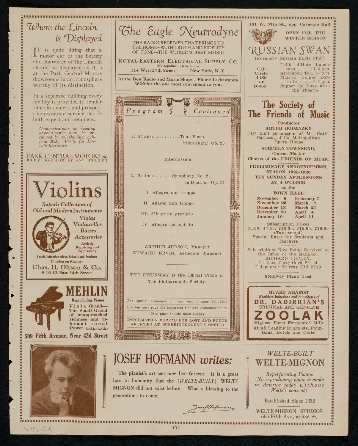 New York Philharmonic, October 15, 1925, program page 7