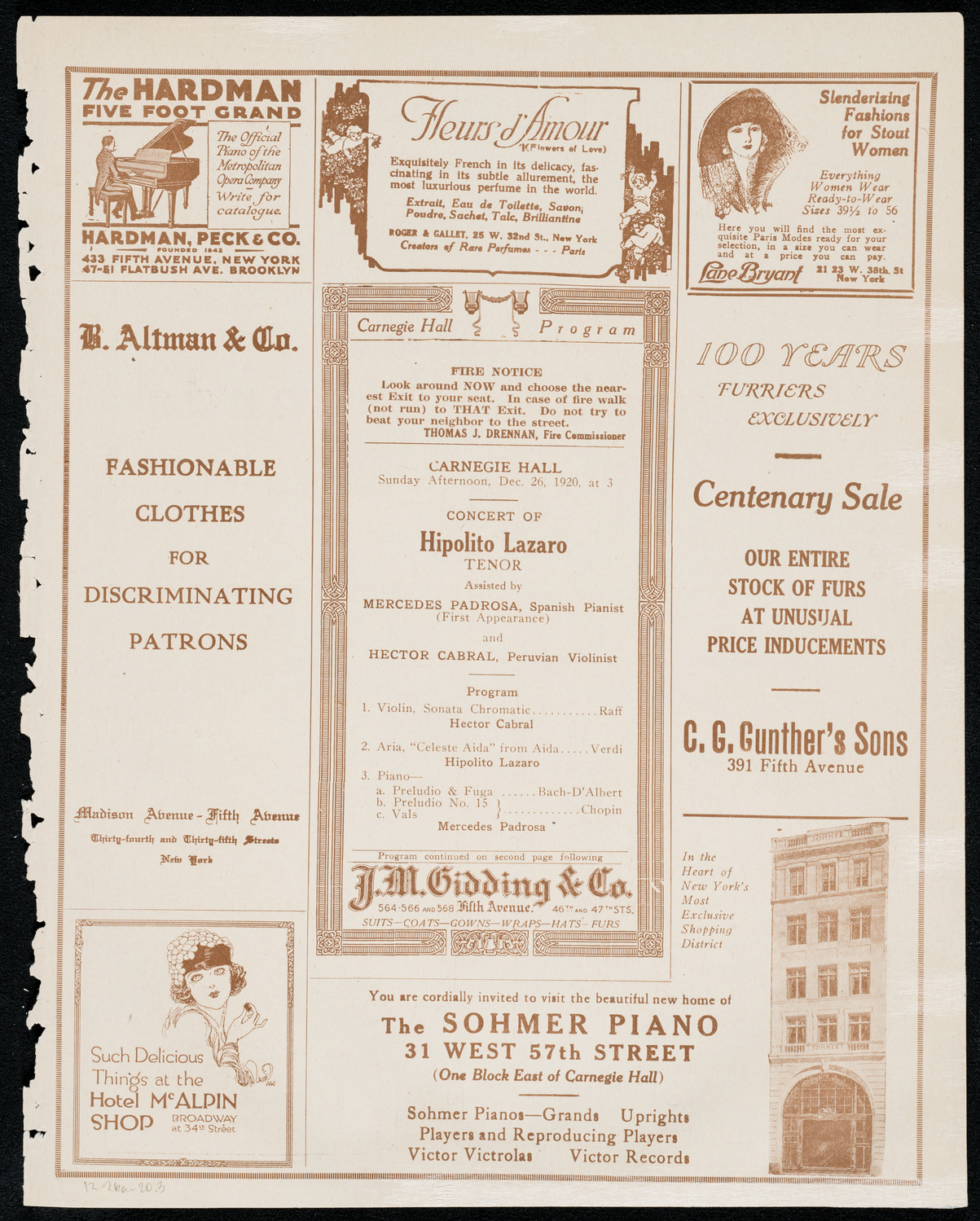 Hipolito Lazaro, Tenor, assisted by Mercedes Padrosa, Piano, and Hector Cabral, Violin, December 26, 1920, program page 5