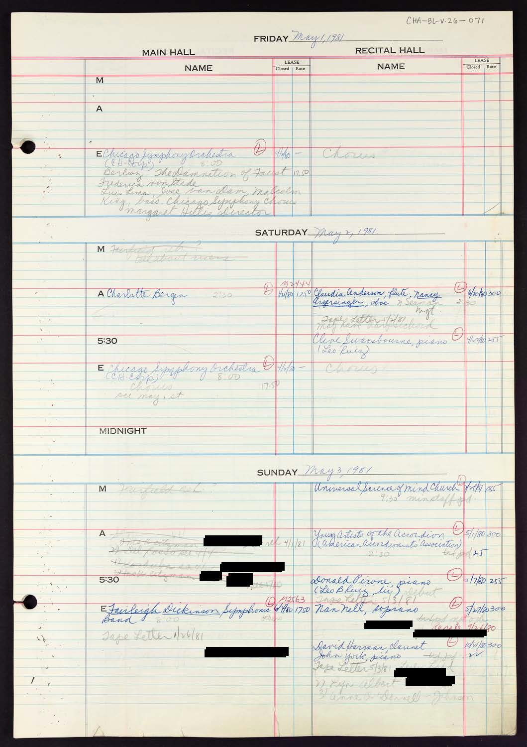 Carnegie Hall Booking Ledger, volume 26, page 71