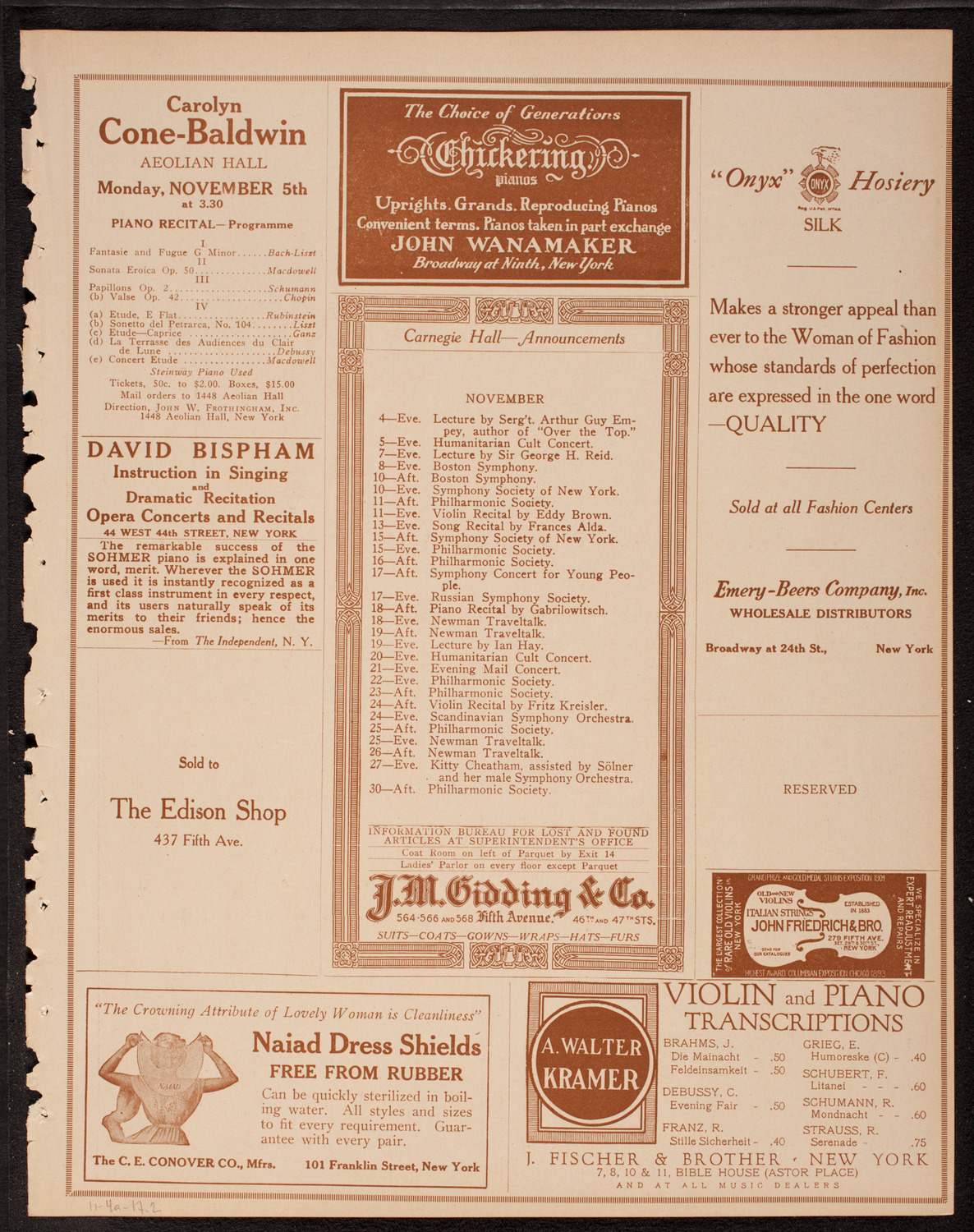 Efrem Zimbalist, Violin, November 4, 1917, program page 3