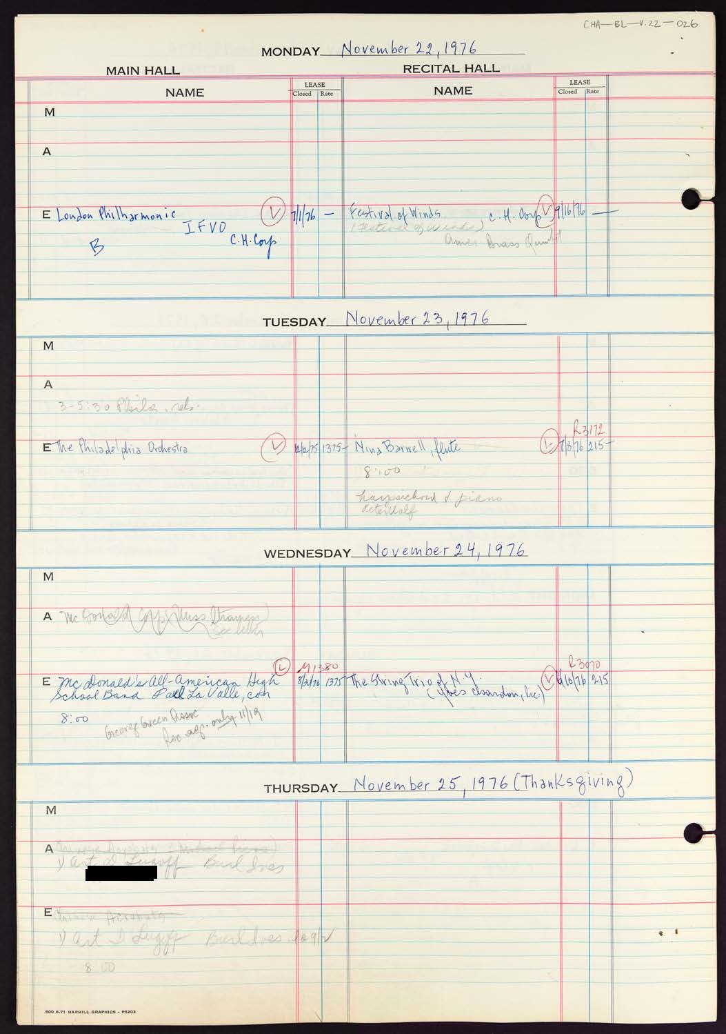 Carnegie Hall Booking Ledger, volume 22, page 26