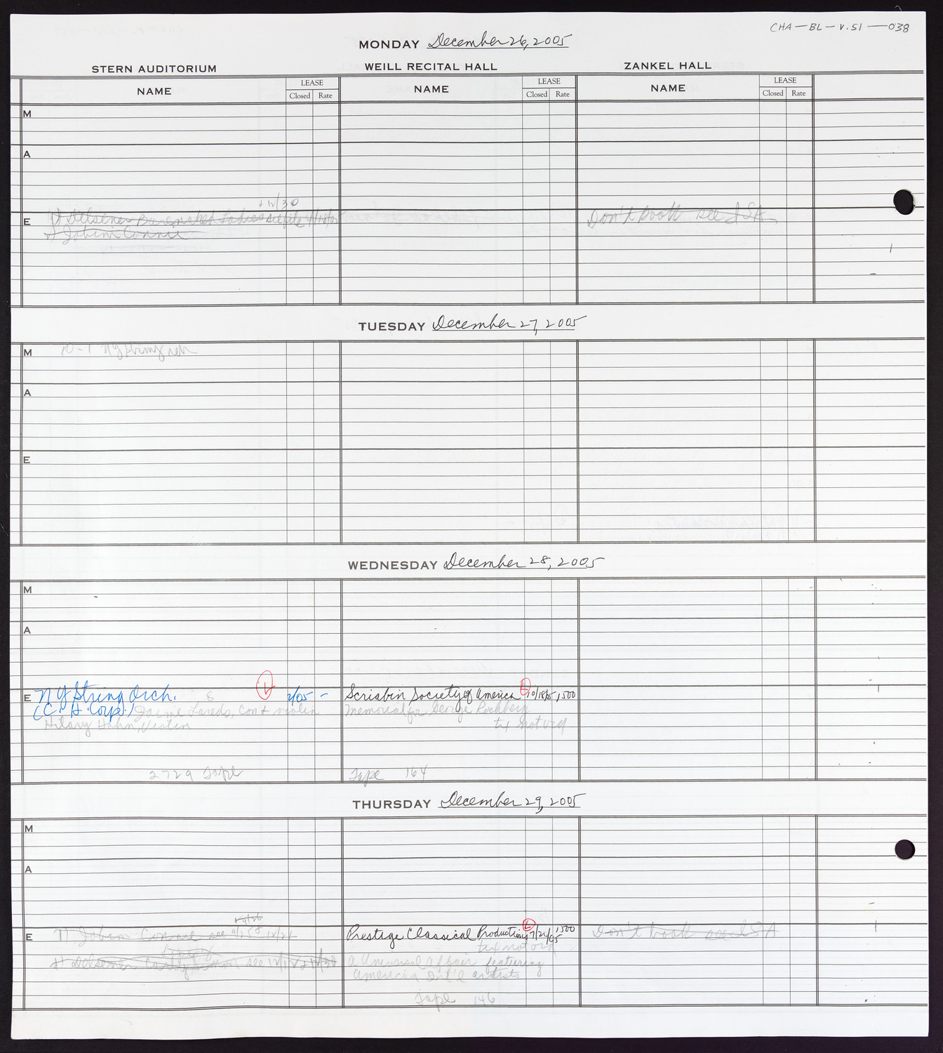 Carnegie Hall Booking Ledger, volume 51, page 38