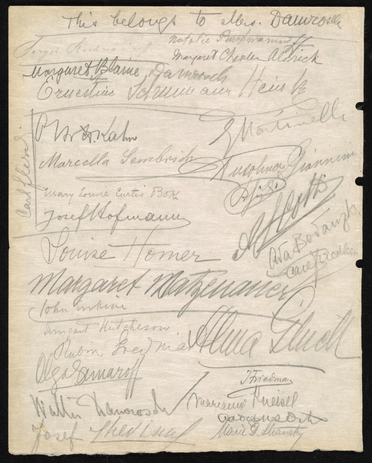 Page of autographs belonging to Margaret Blaine Damrosch