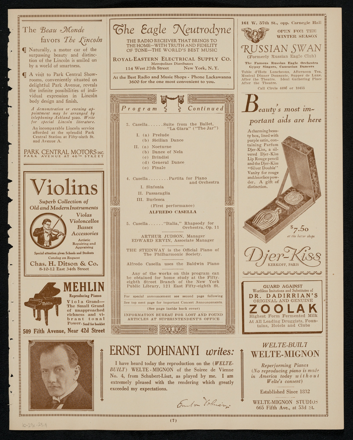 New York Philharmonic, October 29, 1925, program page 7