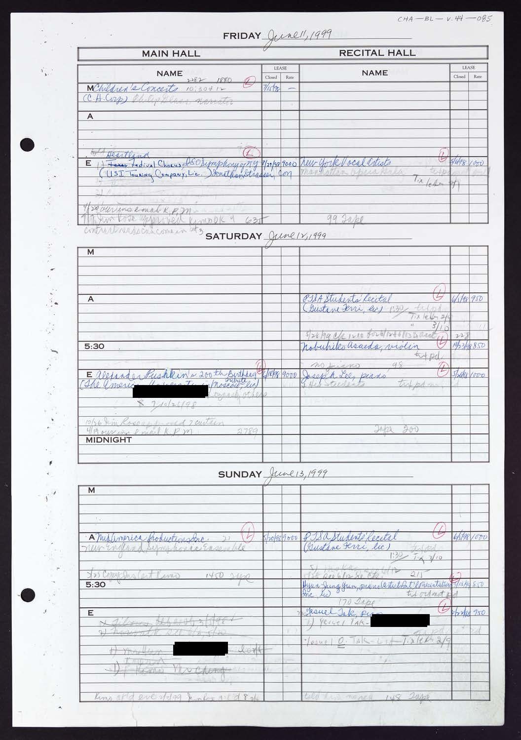 Carnegie Hall Booking Ledger, volume 44, page 85