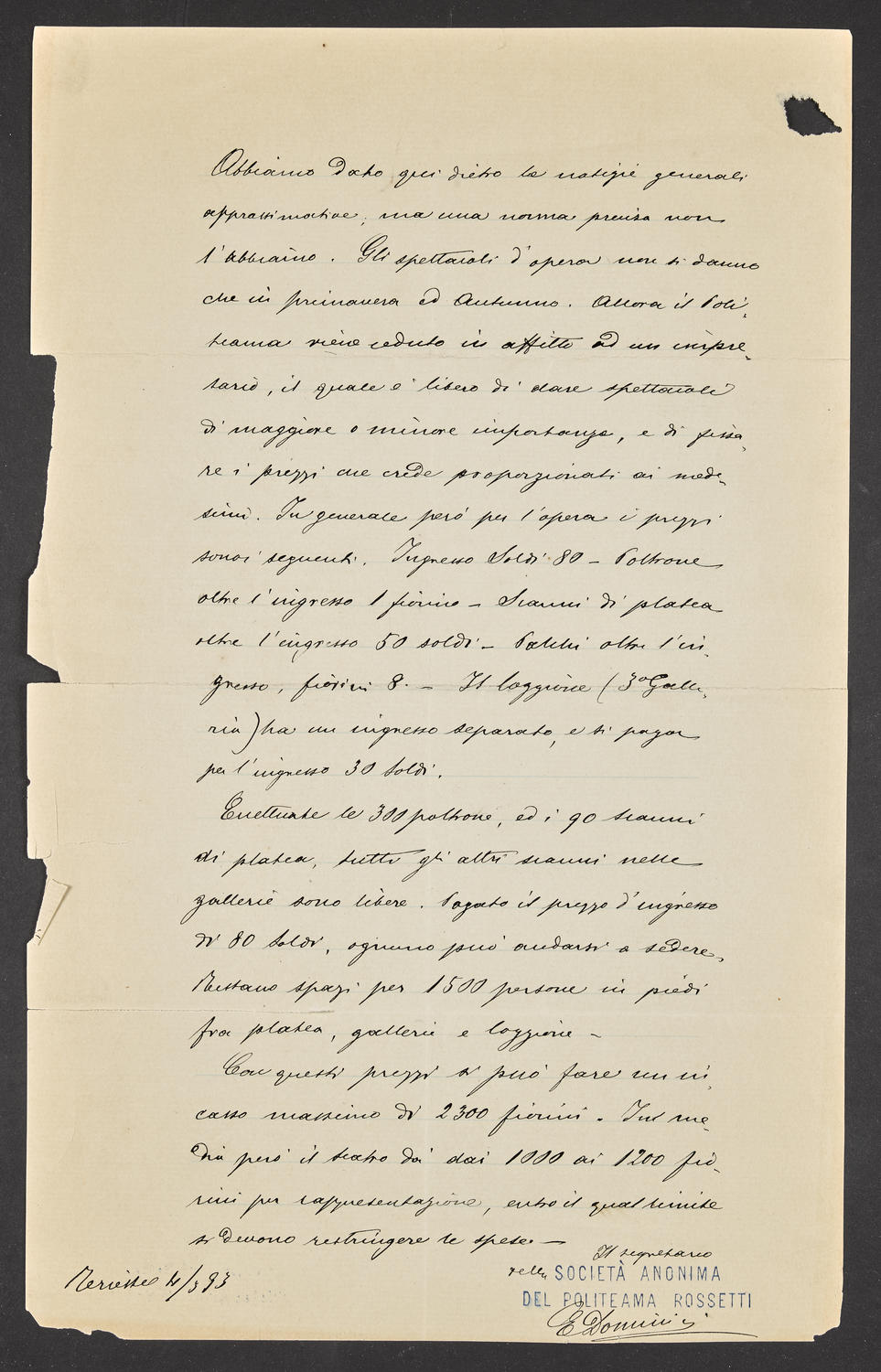 Questionnaire to Politeama Rossetti, March 4, 1893, page 2 of 2