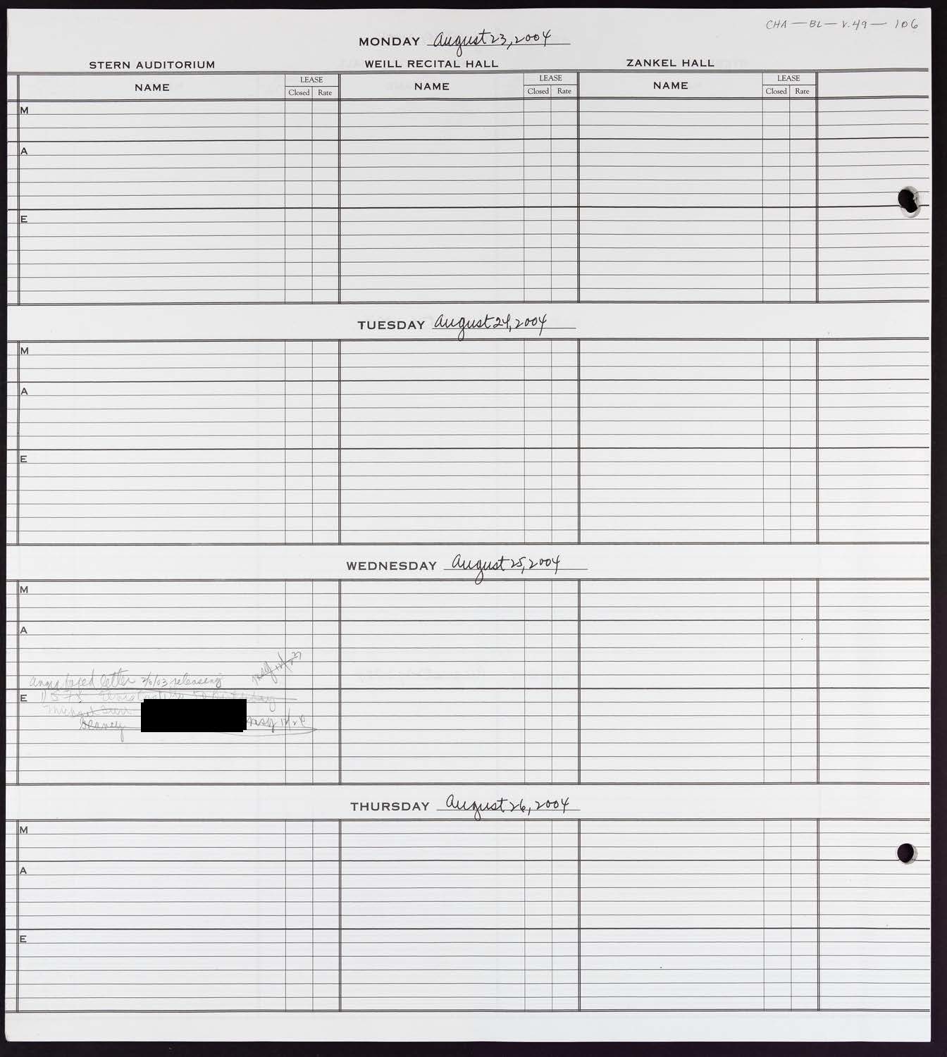 Carnegie Hall Booking Ledger, volume 49, page 106