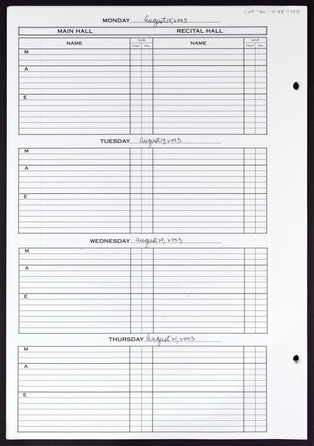 Carnegie Hall Booking Ledger, volume 48, page 104