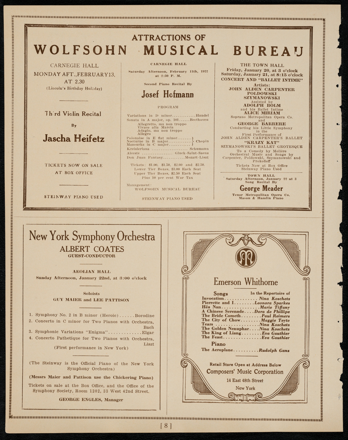 Elly Ney, Piano, and the New York Philharmonic, January 16, 1922, program page 8