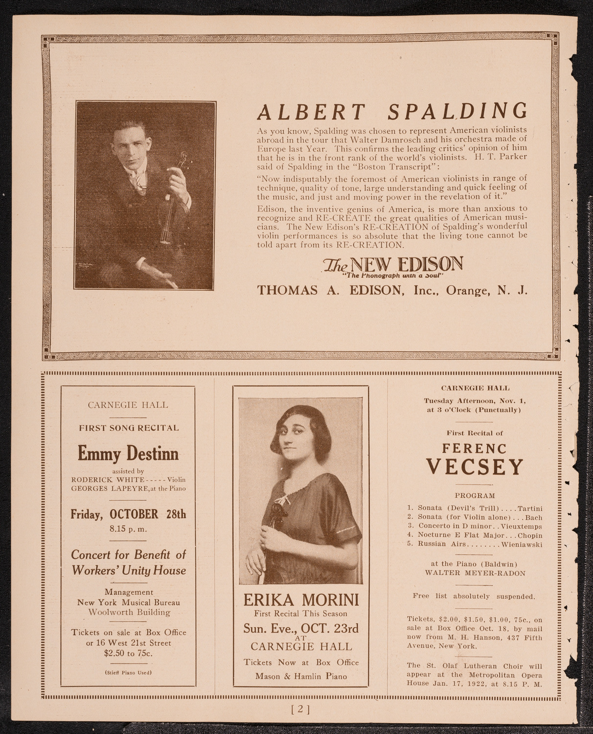 Philadelphia Orchestra, October 18, 1921, program page 2