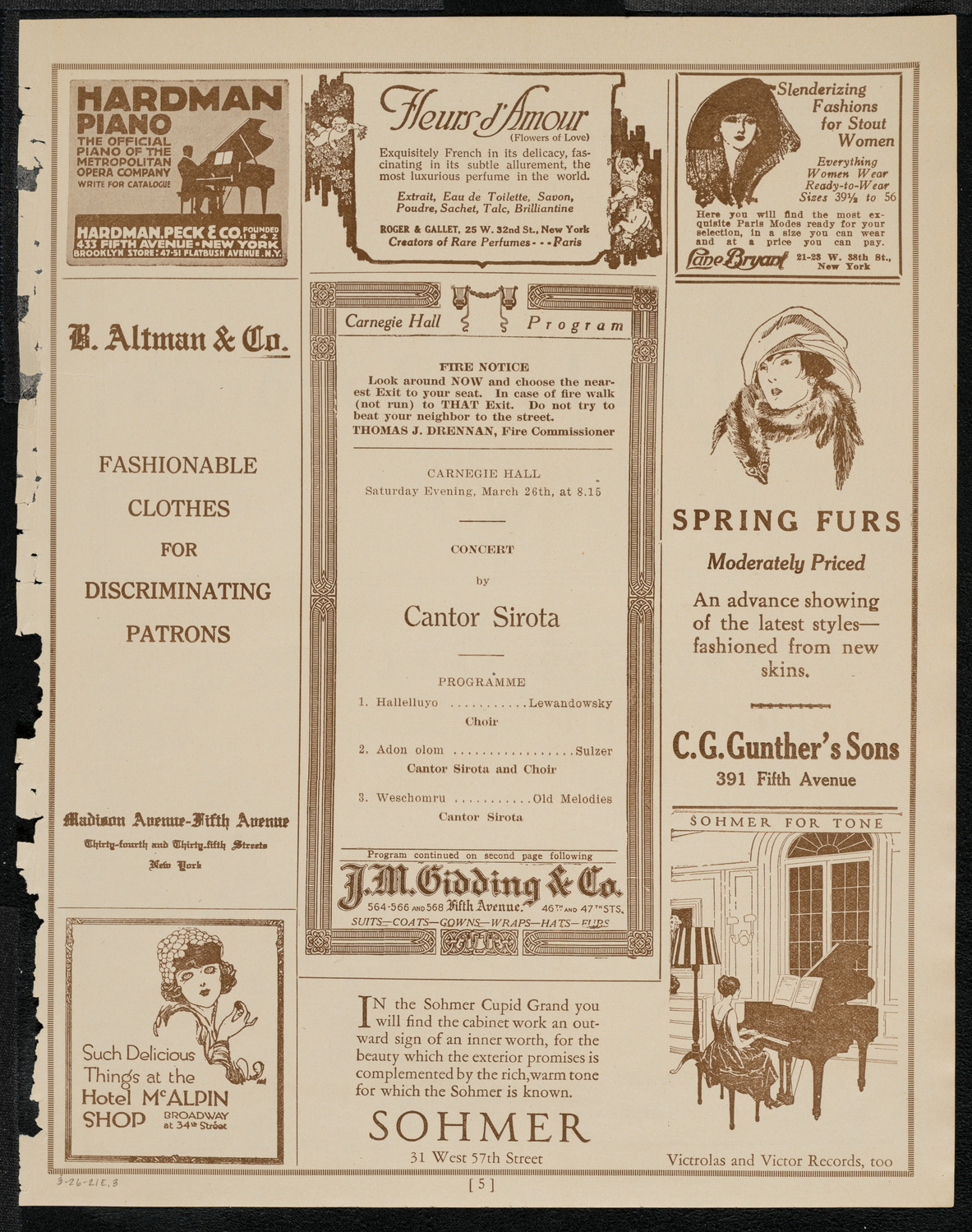 Cantor Sirota with Choir, March 26, 1921, program page 5