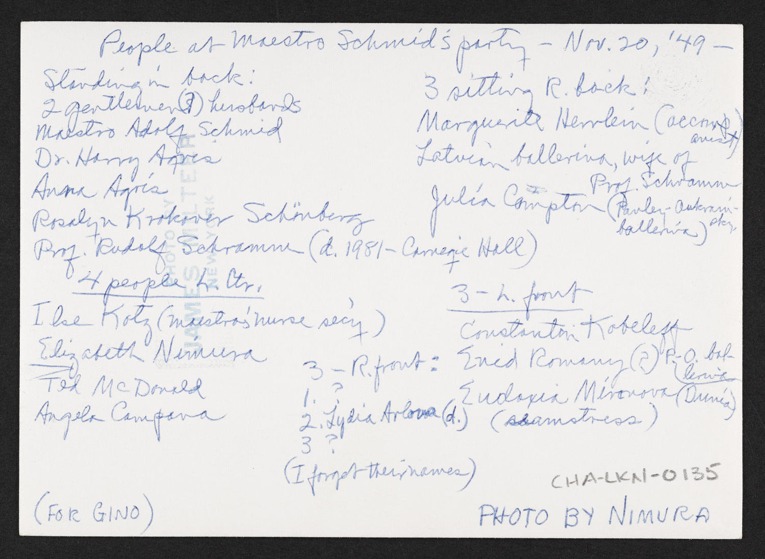 Maestro Adolf Schmid's party, November 20, 1949 (back)