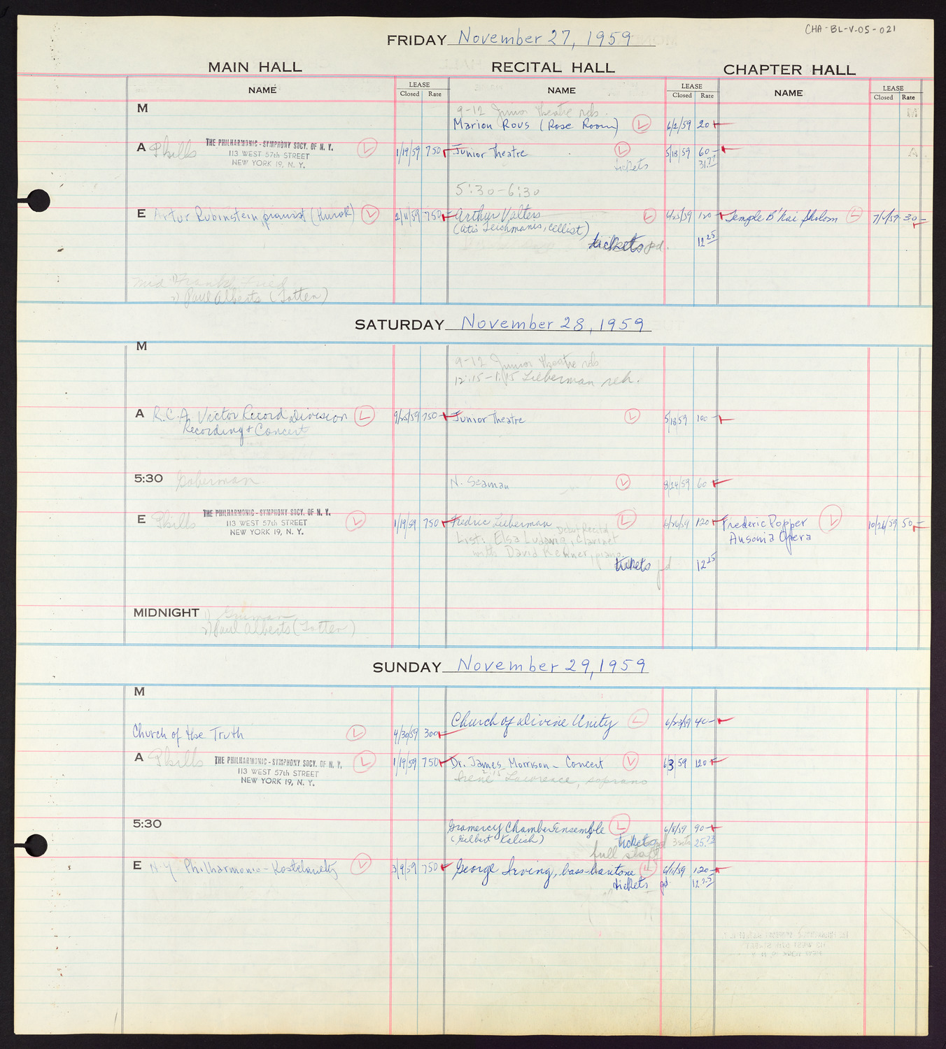 Carnegie Hall Booking Ledger, volume 5, page 21