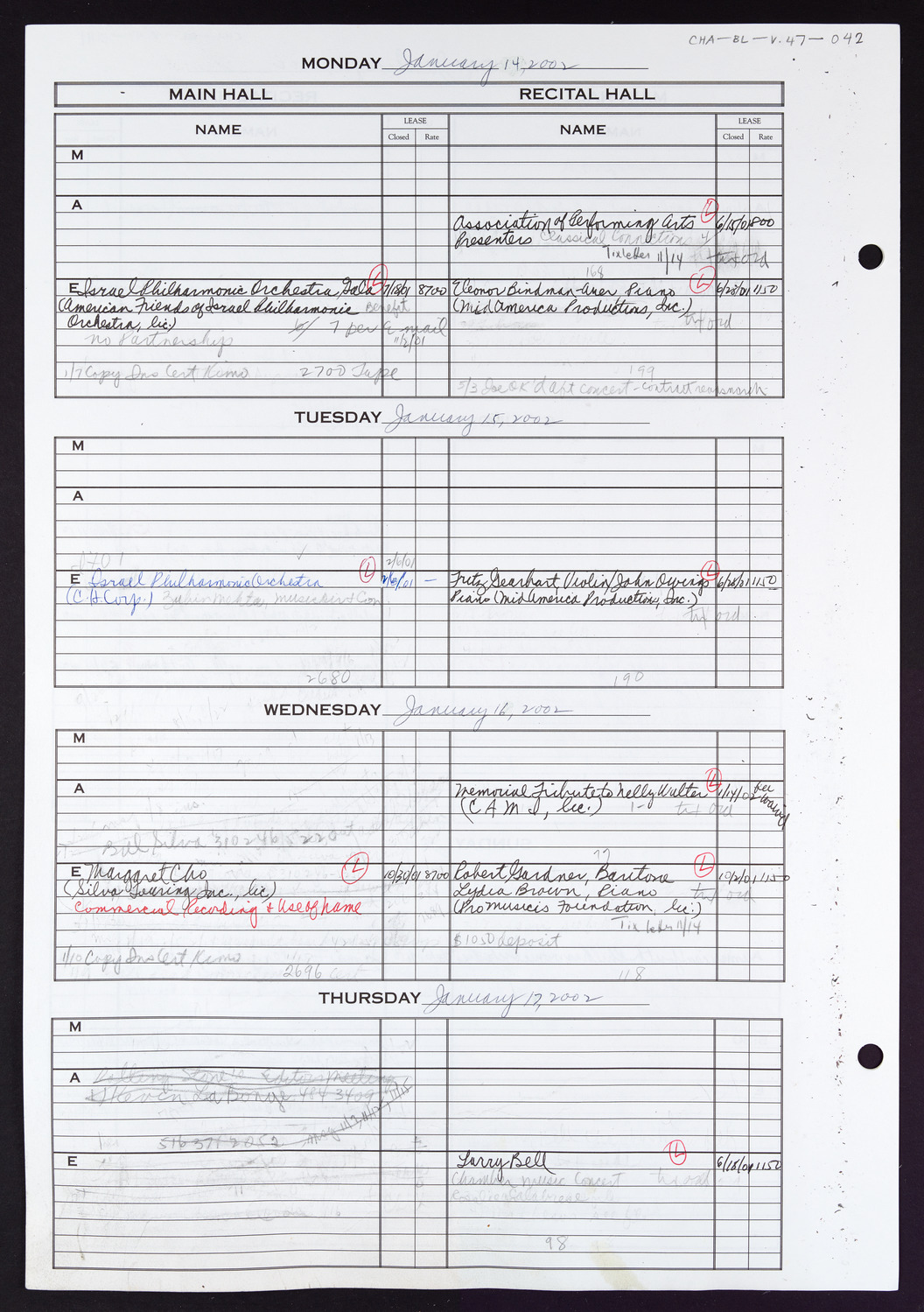 Carnegie Hall Booking Ledger, volume 47, page 42
