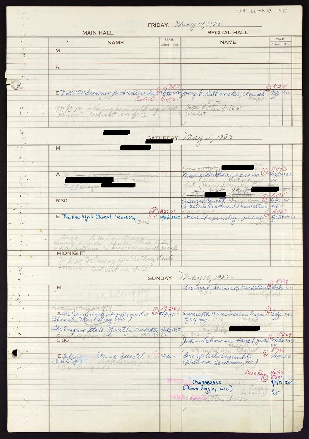 Carnegie Hall Booking Ledger, volume 27, page 77