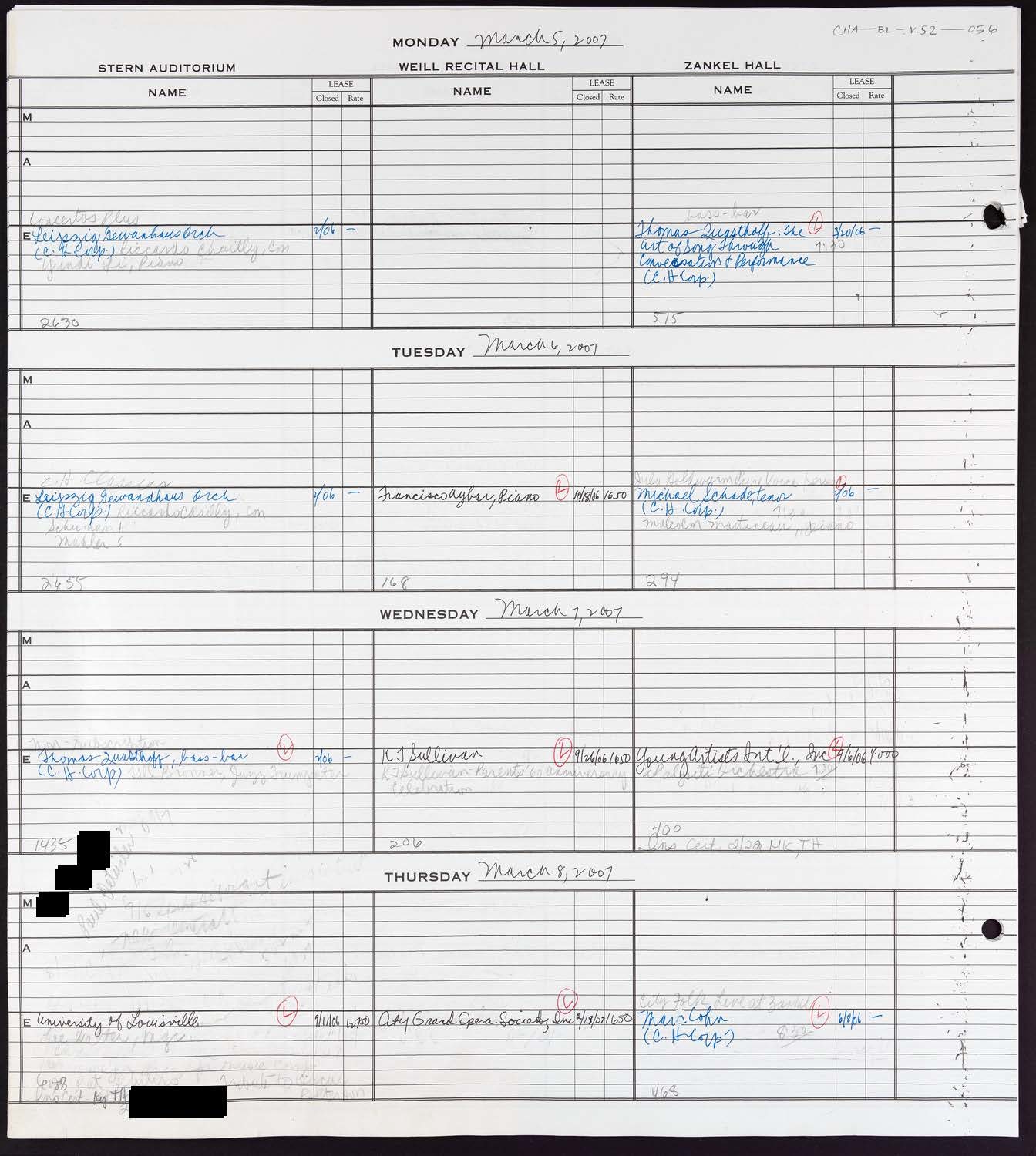 Carnegie Hall Booking Ledger, volume 52, page 56