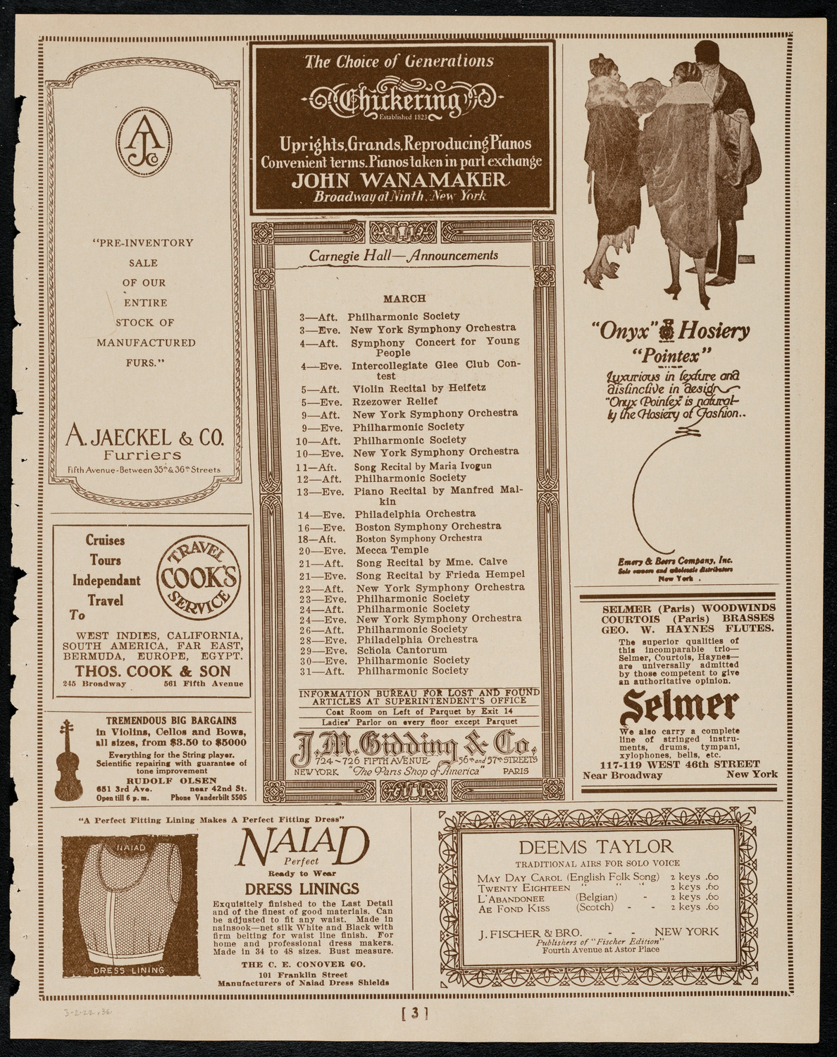 New York Philharmonic, March 2, 1922, program page 3