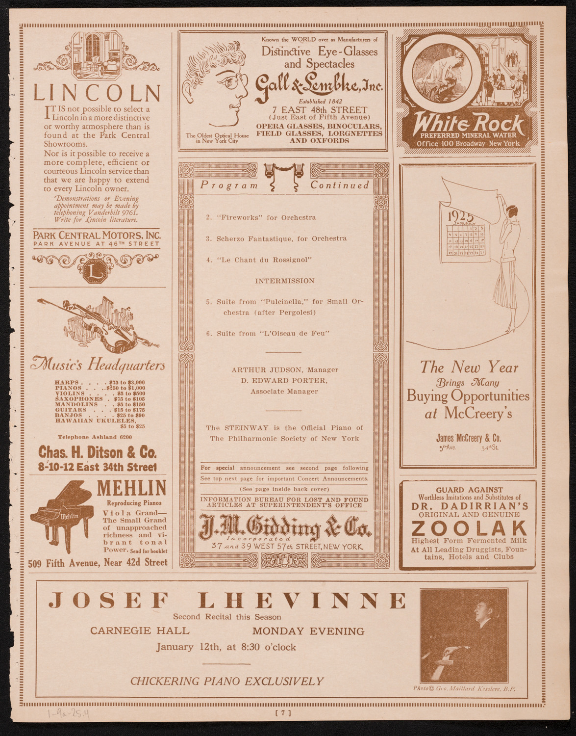 New York Philharmonic, January 9, 1925, program page 7