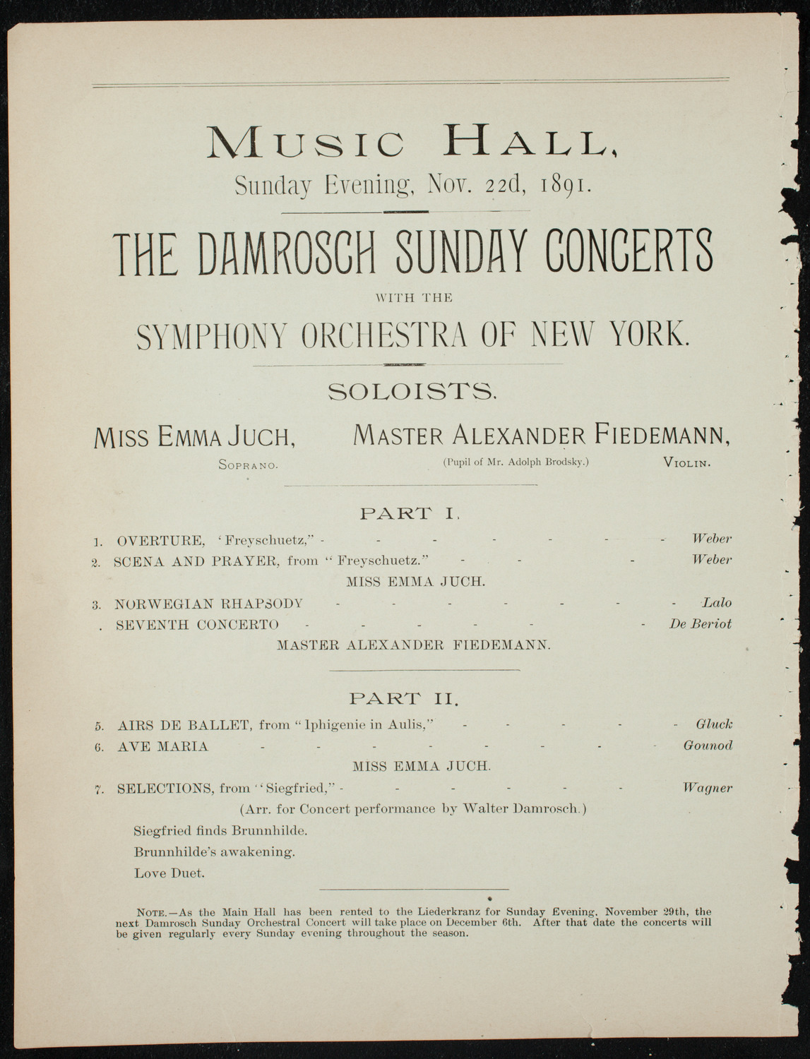 Damrosch Sunday Concert, November 22, 1891, program page 6