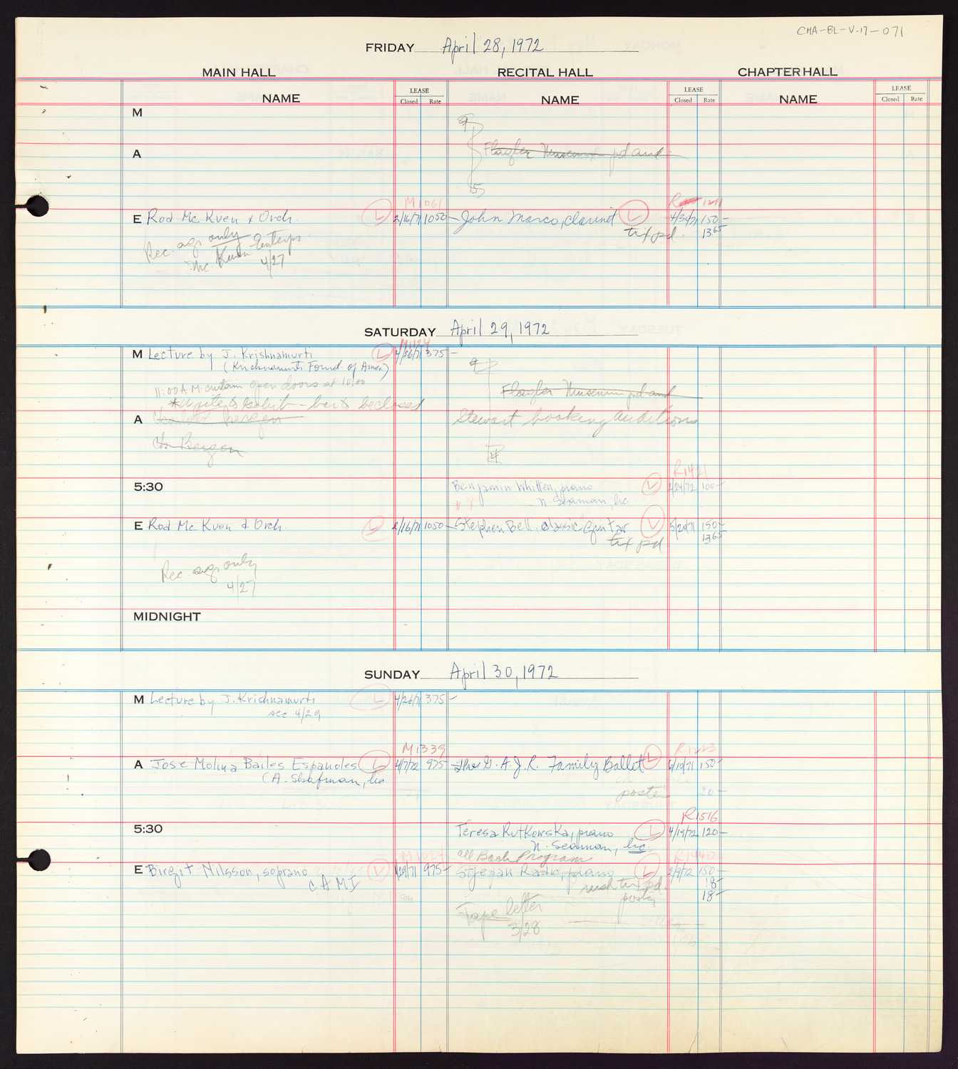 Carnegie Hall Booking Ledger, volume 17, page 71