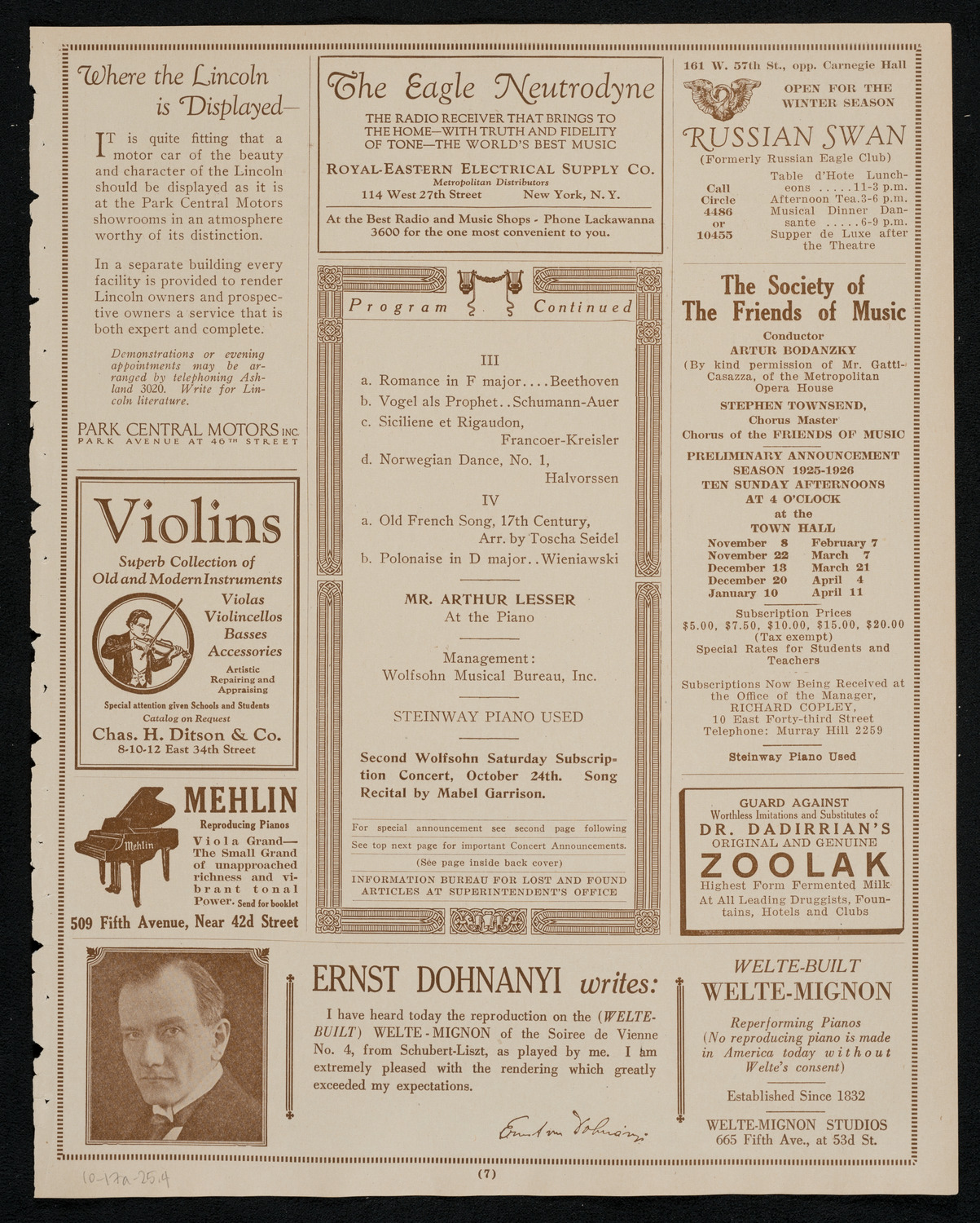 Toscha Seidel, Violin, October 17, 1925, program page 7