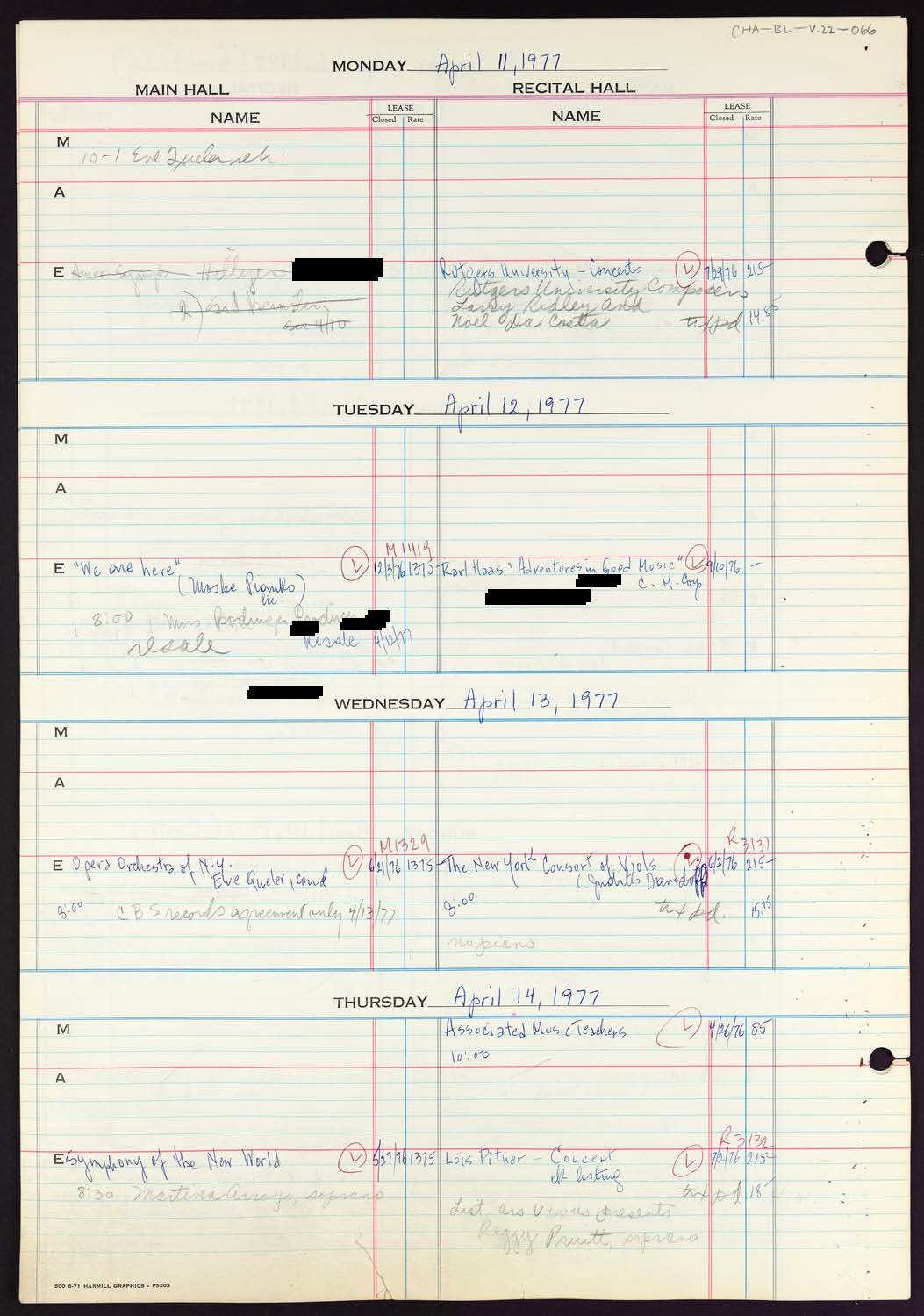 Carnegie Hall Booking Ledger, volume 22, page 66