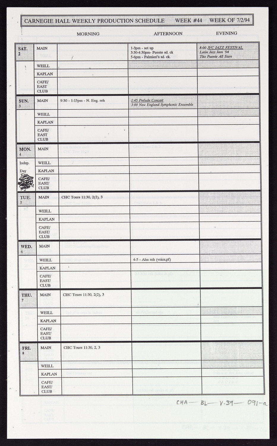 Carnegie Hall Booking Ledger, volume 39, page 91a