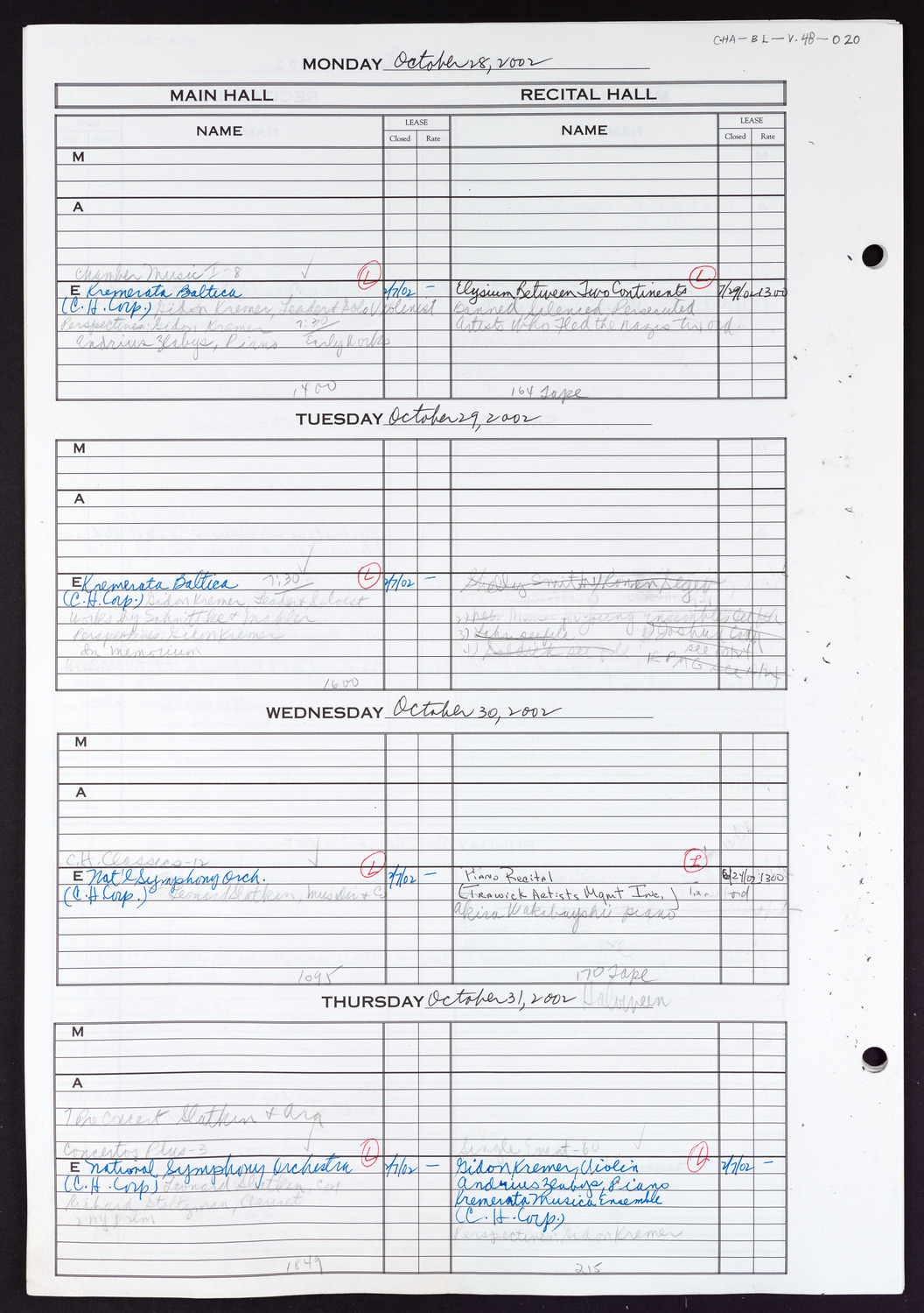 Carnegie Hall Booking Ledger, volume 48, page 20