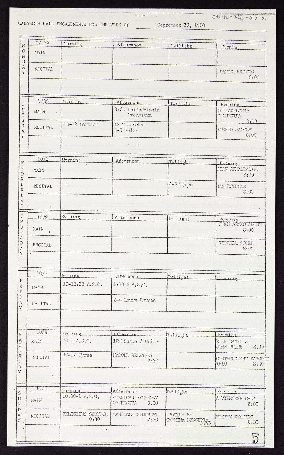 Carnegie Hall Booking Ledger, volume 26, page 10a