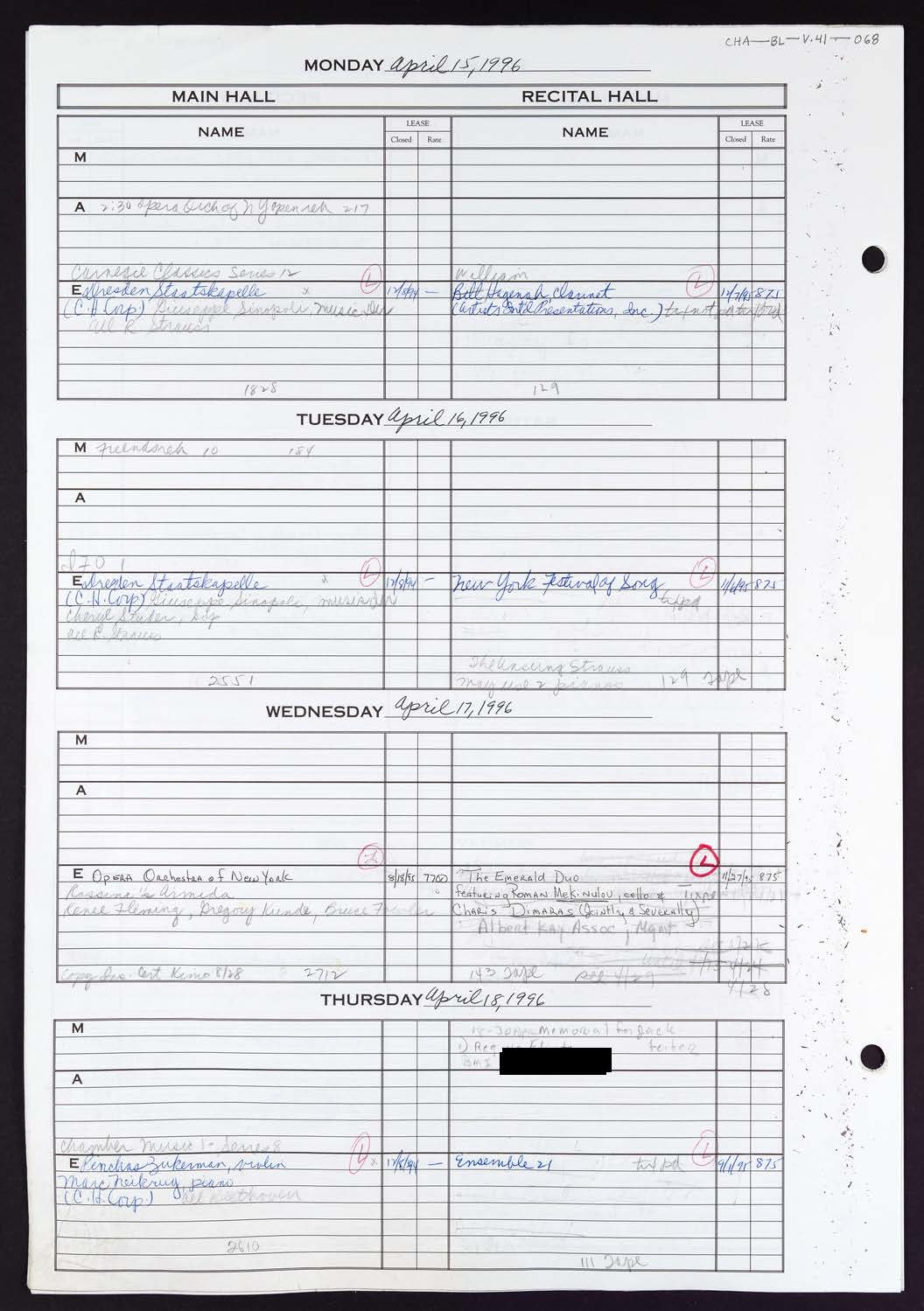 Carnegie Hall Booking Ledger, volume 41, page 68