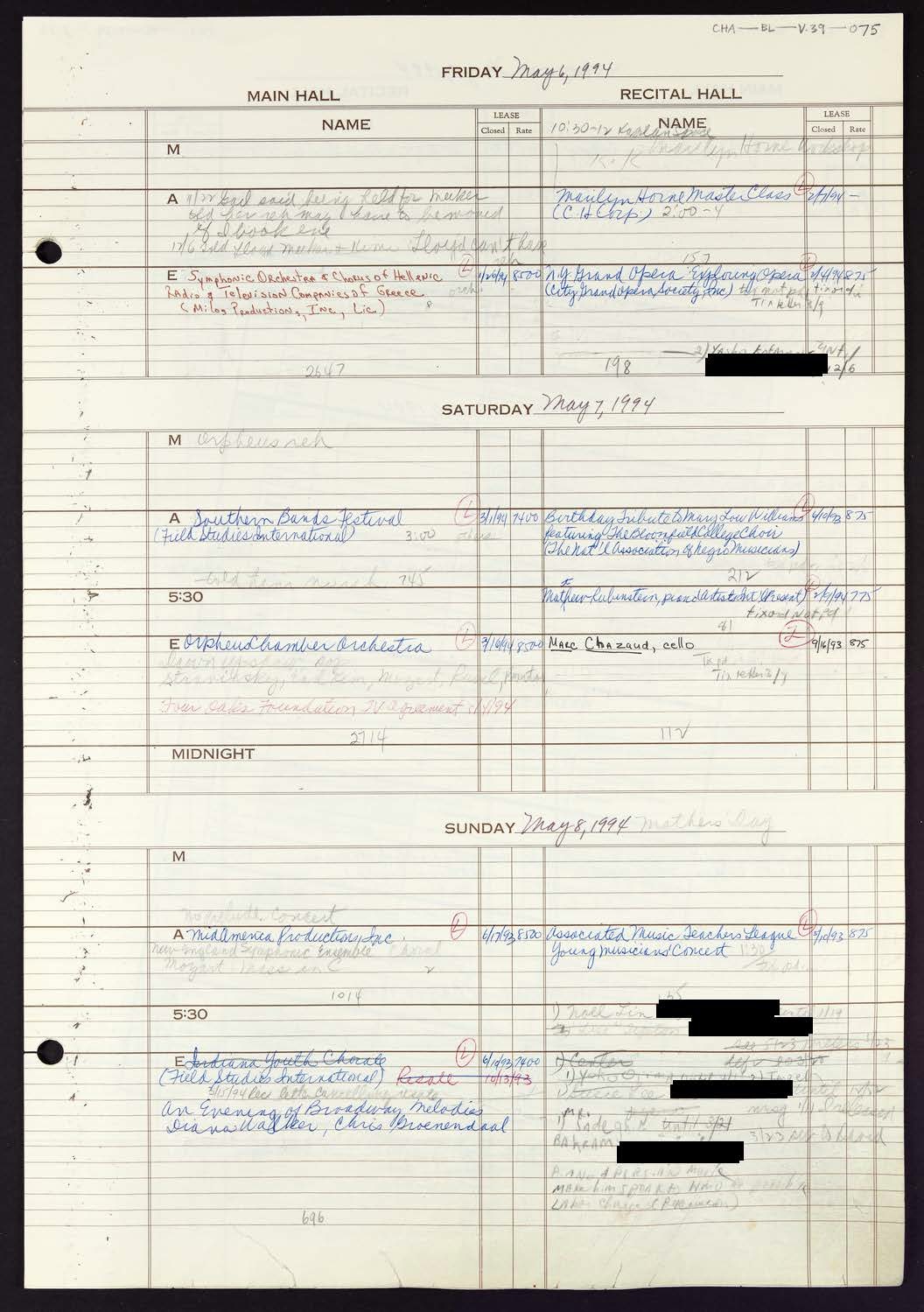 Carnegie Hall Booking Ledger, volume 39, page 75