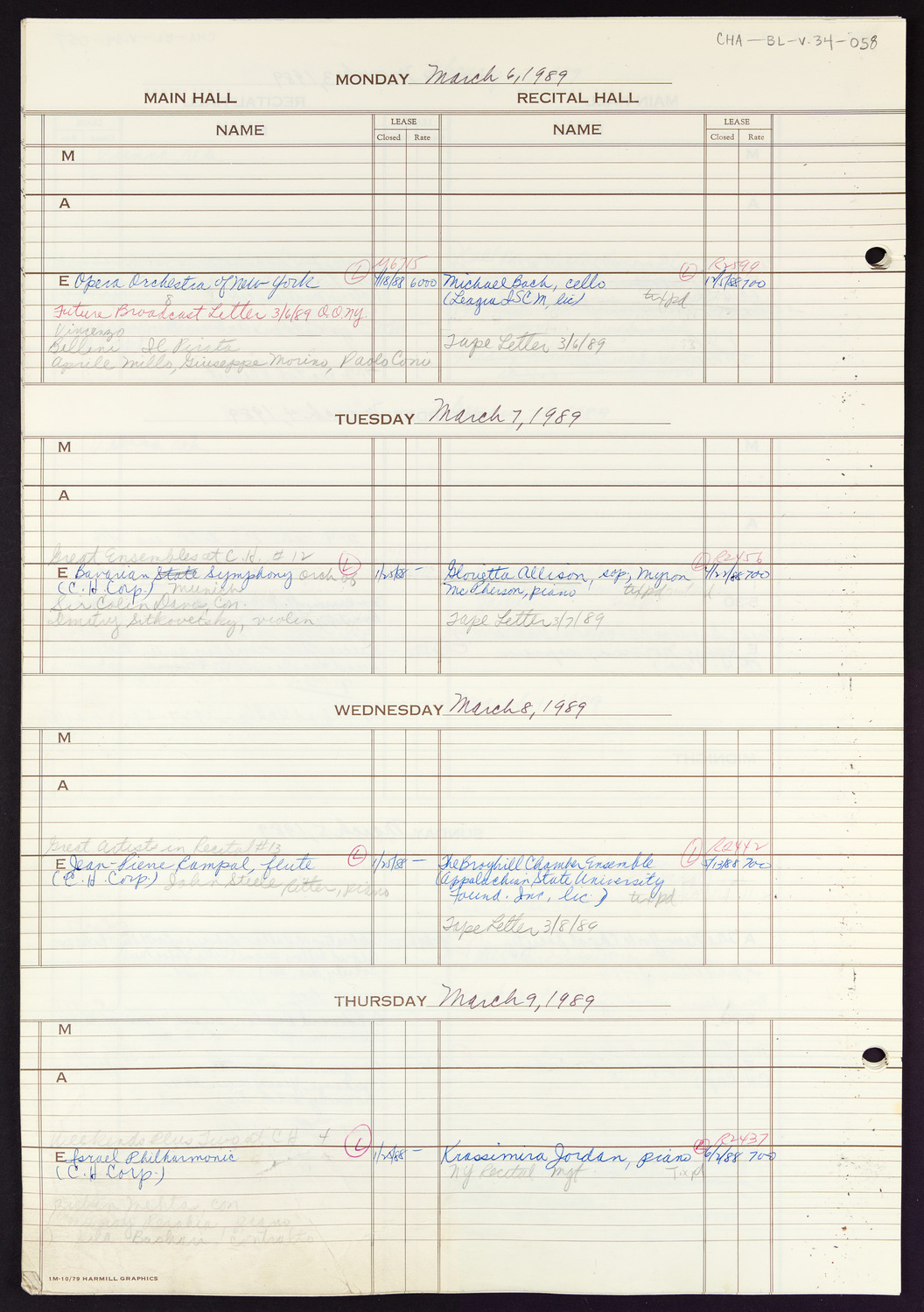 Carnegie Hall Booking Ledger, volume 34, page 58