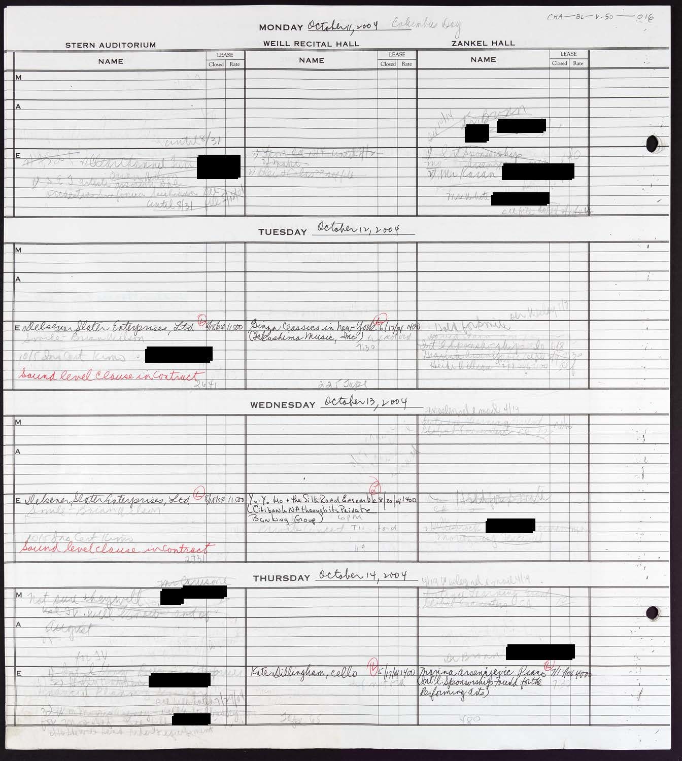 Carnegie Hall Booking Ledger, volume 50, page 16